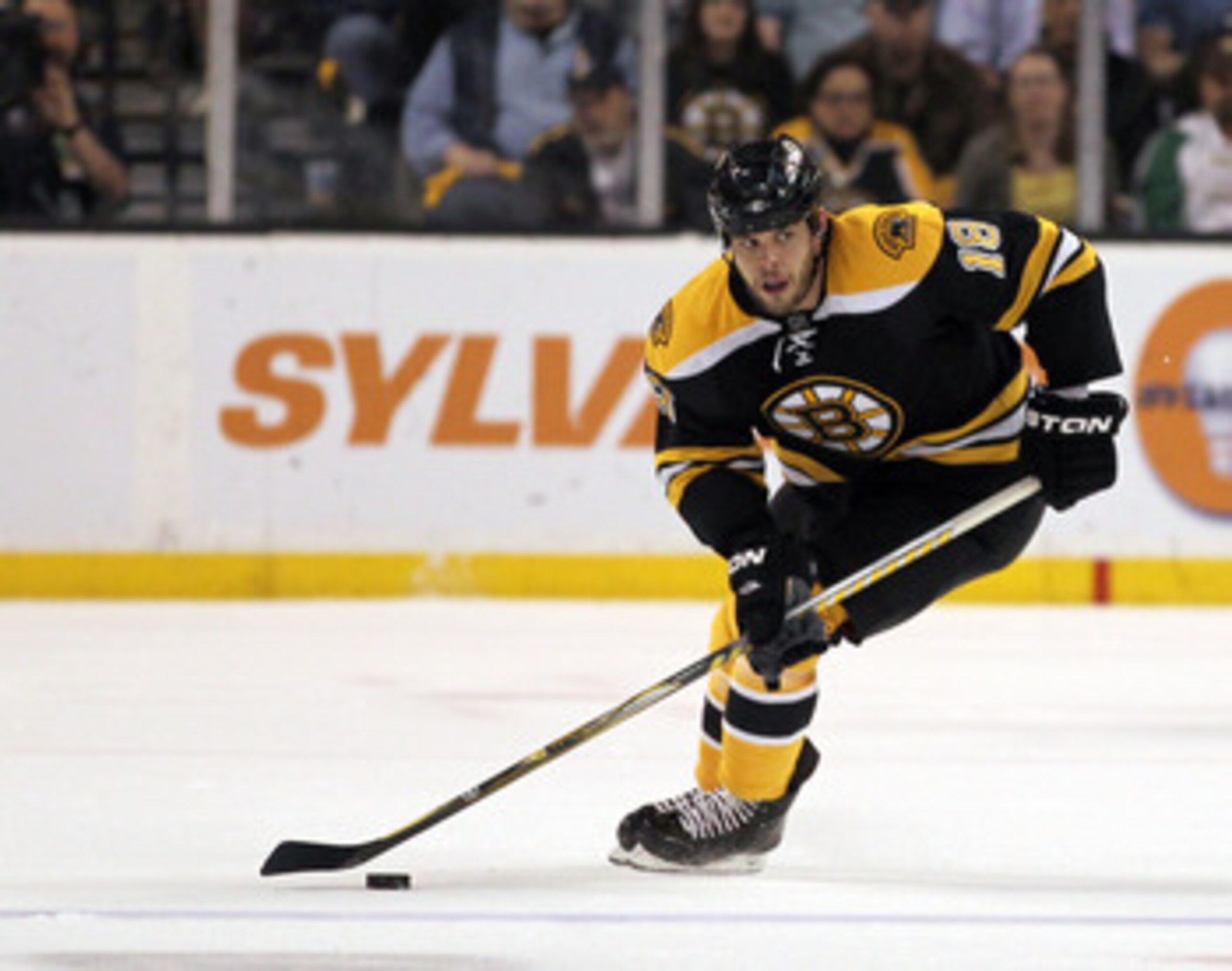 BOSTON, MA - APRIL 27: Nathan Horton #18 of the Boston Bruins controls the puck against the Montreal Canadiens in Game Seven of the Eastern Conference Quarterfinals during the 2011 NHL Stanley Cup Playoffs at TD Garden on April 27, 2011 in Boston, Massach