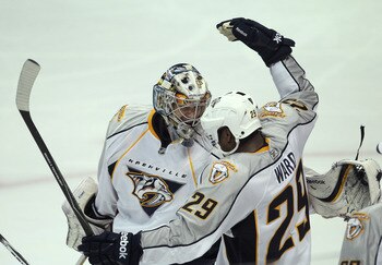 ANAHEIM - APRIL 22: Joel Ward #29 and goalie Pekka Rinna #35 of the Nashville Predators celebrate after the game with the Anaheim Ducks in Game Five of the Western Conference Quarterfinals during the 2011 NHL Stanley Cup Playoffs at Honda Center on April 