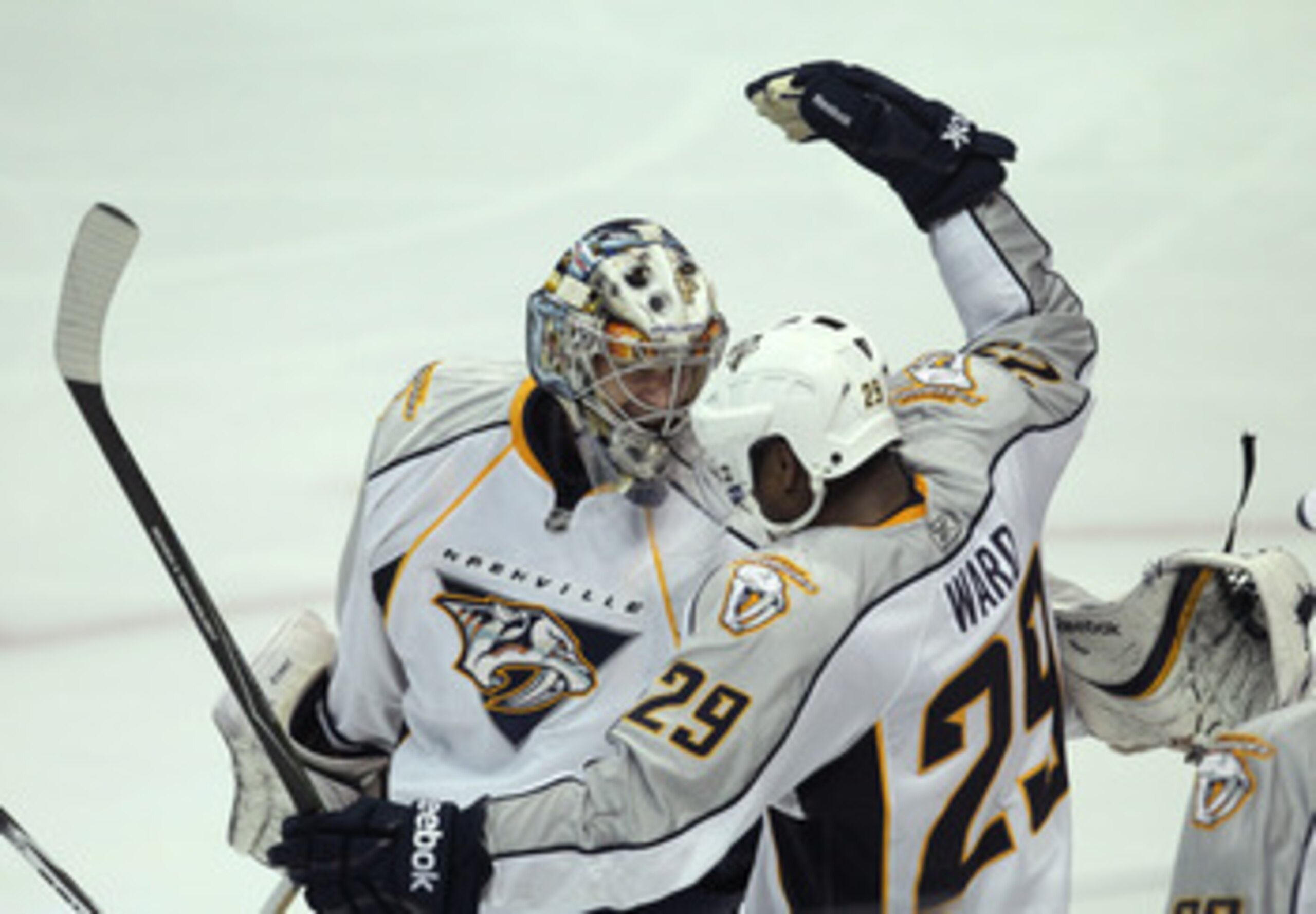 ANAHEIM - APRIL 22: Joel Ward #29 and goalie Pekka Rinna #35 of the Nashville Predators celebrate after the game with the Anaheim Ducks in Game Five of the Western Conference Quarterfinals during the 2011 NHL Stanley Cup Playoffs at Honda Center on April 