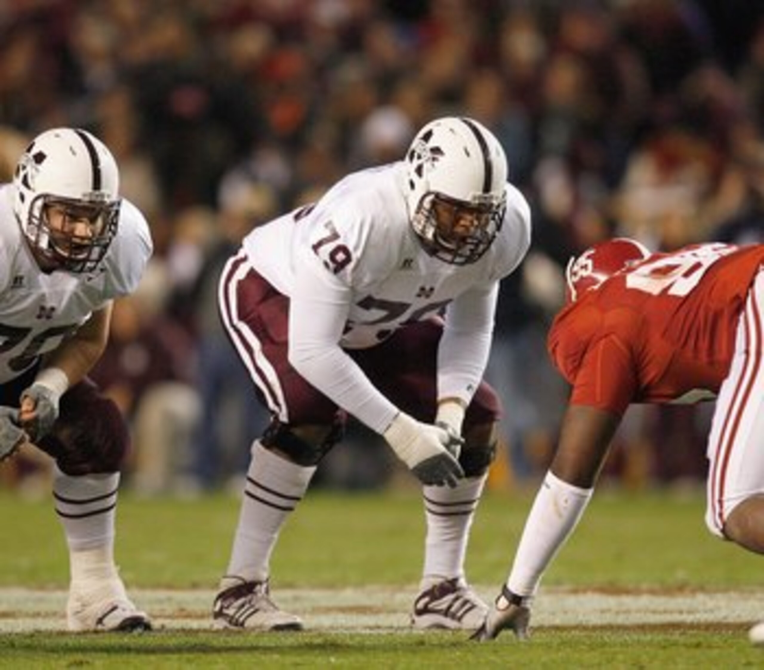 TUSCALOOSA, AL - NOVEMBER 15: J.C. Brignone #70 and Derek Sherrod #79of the Mississippi State Bulldogs get ready on the line of scrimmage during the game against the Alabama Crimson Tide at Bryant-Denny Stadium on November 15, 2008 in Tuscaloosa, Alabama TUSCALOOSA, AL - NOVEMBER 15: J.C. Brignone #70 and Derek Sherrod #79of the Mississippi State Bulldogs get ready on the line of scrimmage during the game against the Alabama Crimson Tide at Bryant-Denny Stadium on November 15, 2008 in Tuscaloosa, Alabama