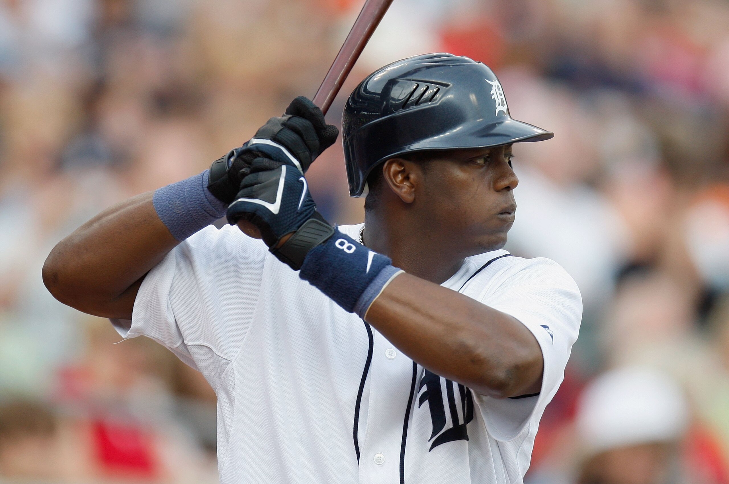 DETROIT - JULY 8:  Edgar Renteria #8 of the Detroit Tigers stands ready at bat against the Cleveland Indians on July 8, 2008 at Comerica Park in Detroit, Michigan. (Photo by: Gregory Shamus/Getty Images)
