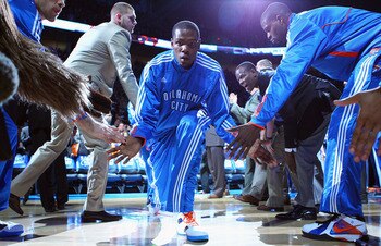 OKLAHOMA CITY, OK - APRIL 27: Kevin Durant #35 of the Oklahoma City Thunder is introduced prior to playing against the Denver Nuggets in Game Five of the Western Conference Quarterfinals in the 2011 NBA Playoffs on April 27, 2011 at the Ford Center in Okl