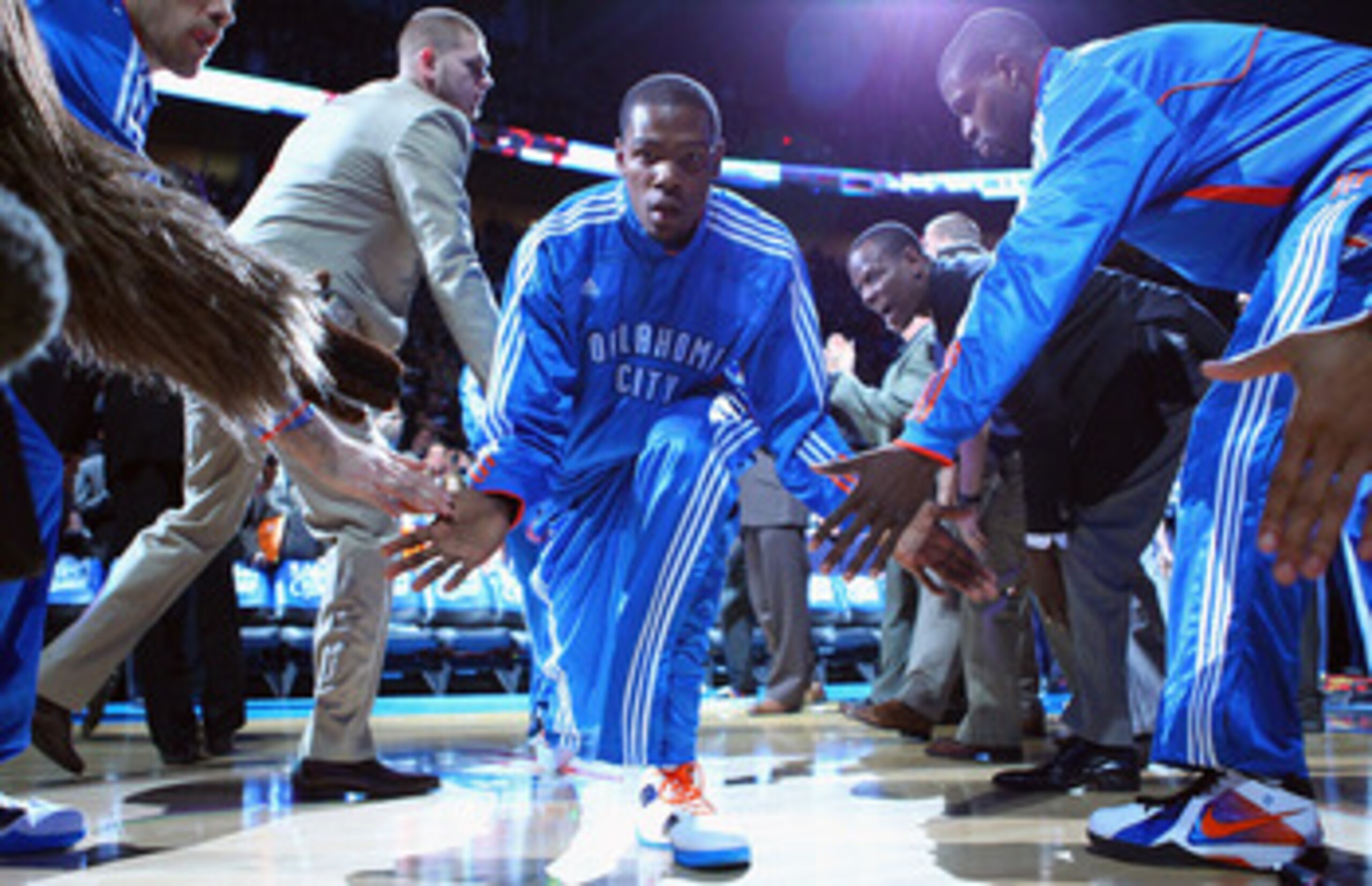 OKLAHOMA CITY, OK - APRIL 27: Kevin Durant #35 of the Oklahoma City Thunder is introduced prior to playing against the Denver Nuggets in Game Five of the Western Conference Quarterfinals in the 2011 NBA Playoffs on April 27, 2011 at the Ford Center in Okl