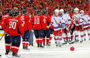 WASHINGTON , DC - APRIL 23:  Matt Bradley #10 of the Washington Capitals greets Brandon Dubinsky #17 of the New York Rangers during the handshake following a 3-1 win over the Rangers in Game Five of the Eastern Conference Quarterfinals during the 2011 NHL