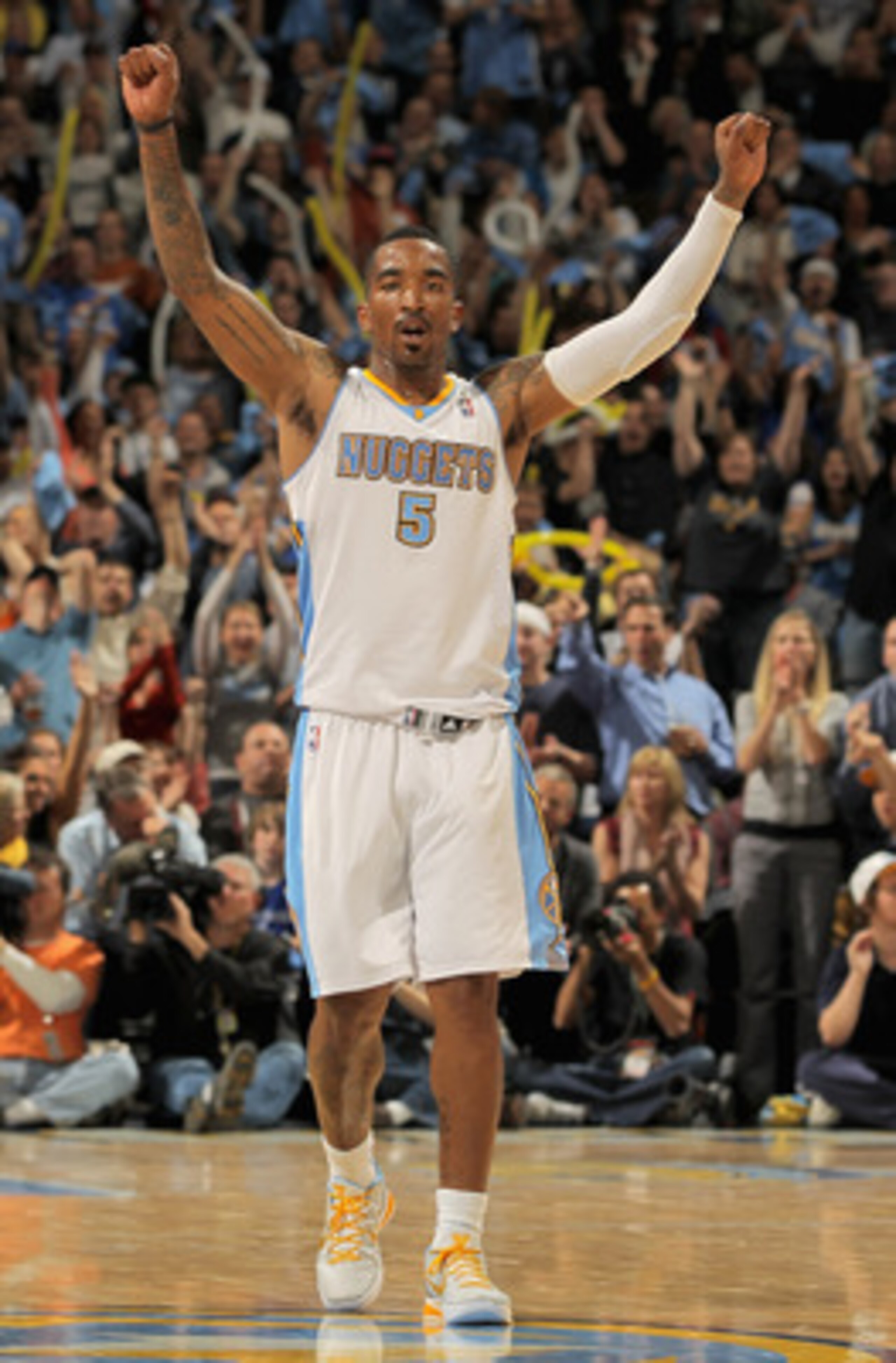 DENVER, CO - APRIL 25:  J.R. Smith #5 of the Denver Nuggets reacts after scoring against the Oklahoma City Thunder in Game Four of the Western Conference Quarterfinals in the 2011 NBA Playoffs on April 24, 2011 at the Pepsi Center in Denver, Colorado. NOT