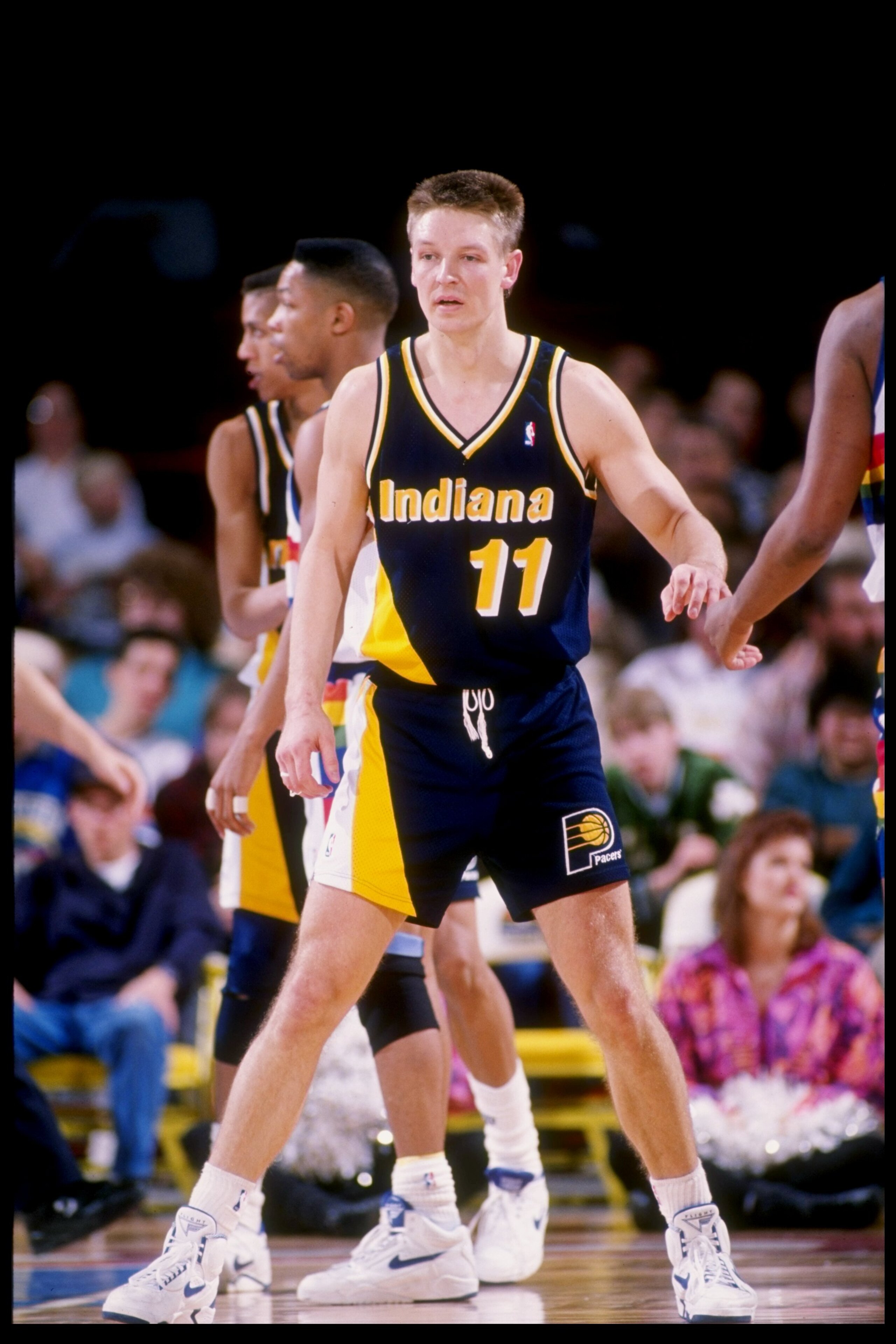Forward Detlef Schrampf of the Indiana Pacers in action during a game against the Denver Nuggets at the McNichols Sports Arena in Denver, Colorado.