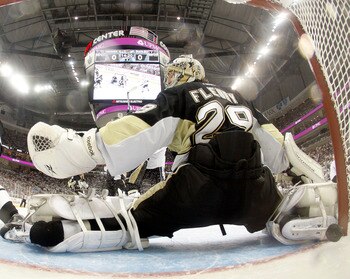 PITTSBURGH, PA - APRIL 27:  Marc-Andre Fleury #29 of the Pittsburgh Penguins can't stop a shot by Sean Bergenheim #10 (not pictured) of the Tampa Bay Lightning in Game Seven of the Eastern Conference Quarterfinals during the 2011 NHL Stanley Cup Playoffs 