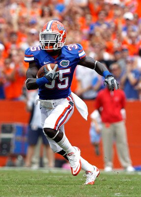 GAINESVILLE, FL - SEPTEMBER 04:  Safety Ahmad Black #35 of the Florida Gators runs after making an interception against the Miami University RedHawks at Ben Hill Griffin Stadium on September 4, 2010 in Gainesville, Florida.  (Photo by Sam Greenwood/Getty