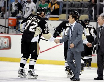 PITTSBURGH, PA - APRIL 27:  Alexei Kovalev #72 of the Pittsburgh Penguins shakes hands with Tampa Bay Lightning coach Guy Boucher after Game Seven of the Eastern Conference Quarterfinals during the 2011 NHL Stanley Cup Playoffs at Consol Energy Center on 