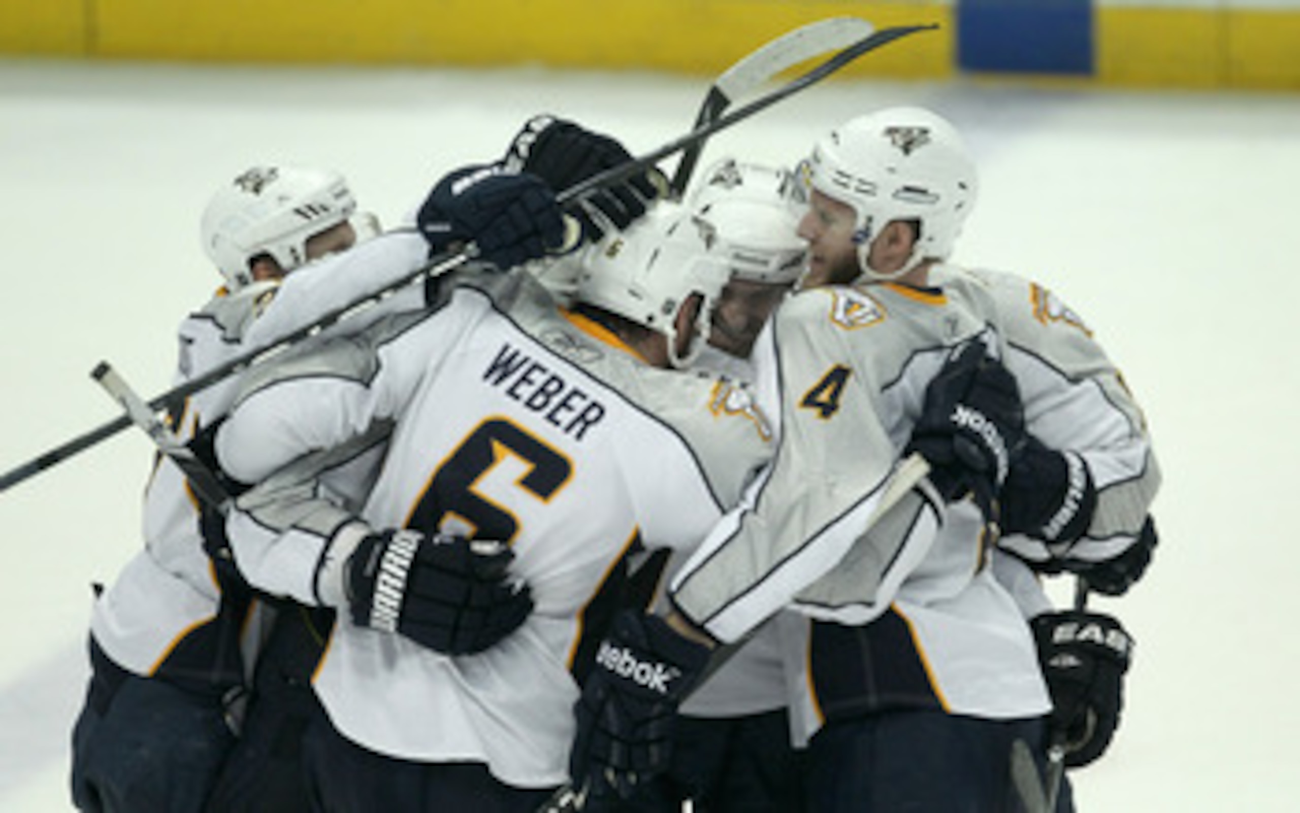 ANAHEIM, CA - APRIL 22:  Shea Weber #6 of the Nashville Predators celebrates with teammates after his game tying goal with 36 seconds left in  regulation against the Anaheim Ducks in Game Five of the Western Conference Quarterfinals during the 2011 NHL St