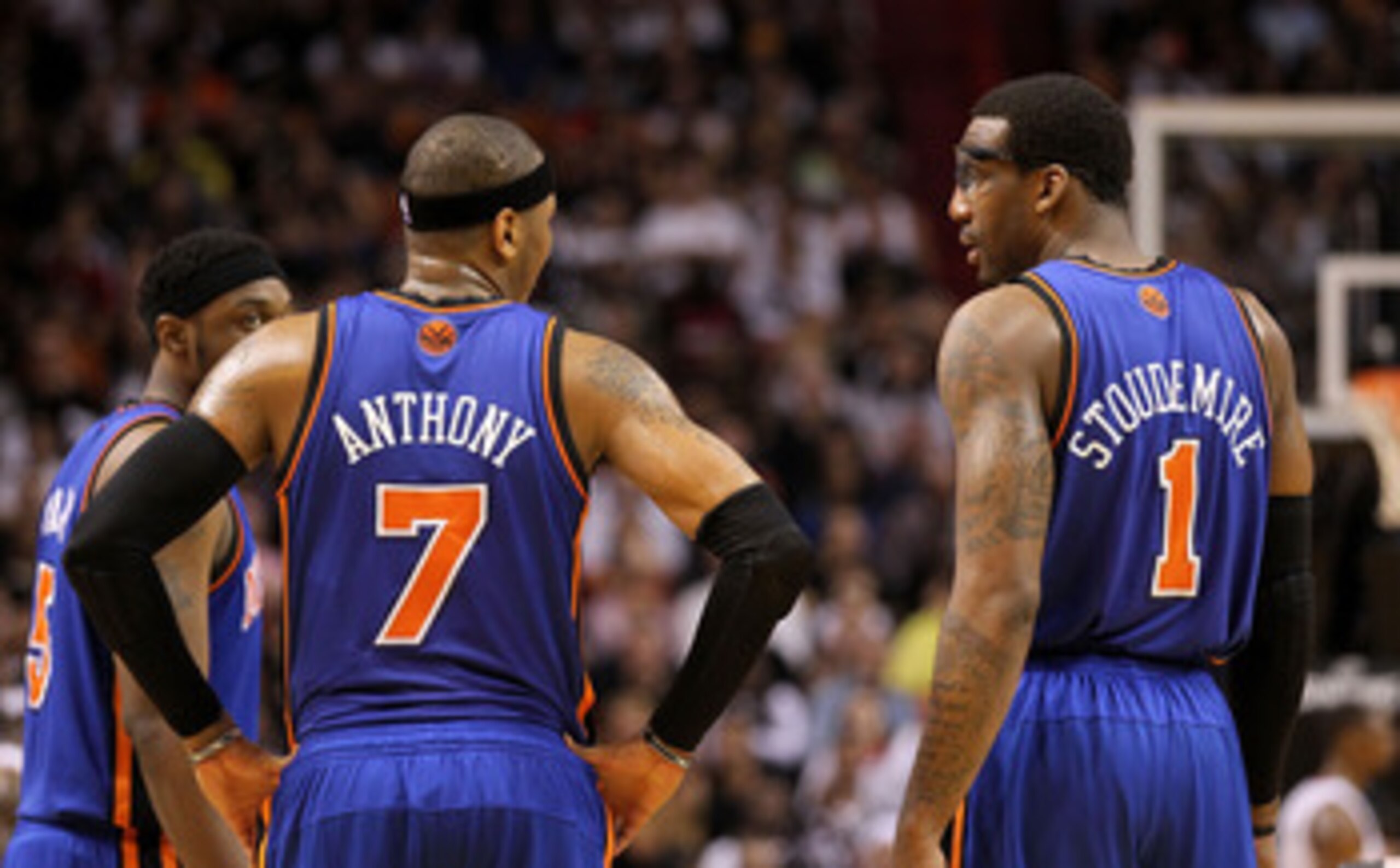 MIAMI, FL - FEBRUARY 27: Carmelo Anthony #7 and Amar'e Stoudemire #1 of the New York Knicks talk during a game against the the Miami Heat at American Airlines Arena on February 27, 2011 in Miami, Florida. NOTE TO USER: User expressly acknowledges and agr MIAMI, FL - FEBRUARY 27: Carmelo Anthony #7 and Amar'e Stoudemire #1 of the New York Knicks talk during a game against the the Miami Heat at American Airlines Arena on February 27, 2011 in Miami, Florida. NOTE TO USER: User expressly acknowledges and agr
