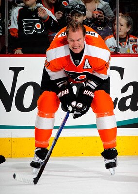 PHILADELPHIA, PA - MARCH 08:  Chris Pronger #20 of the Philadelphia Flyers stretches during warmups before an NHL hockey game against the Edmonton Oilers at the Wells Fargo Center on March 8, 2011 in Philadelphia, Pennsylvania.  (Photo by Paul Bereswill/G