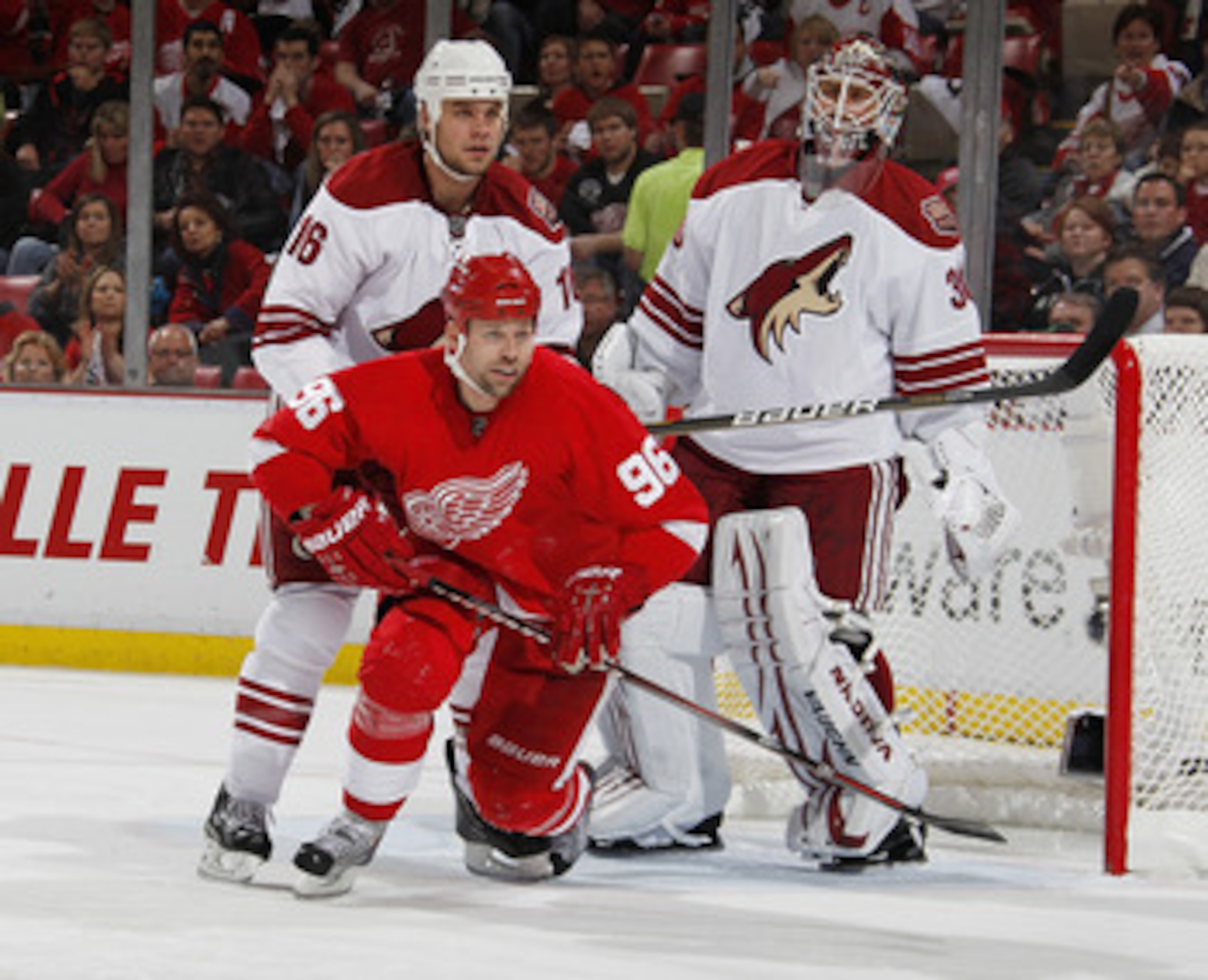 DETROIT, MI - APRIL 16: Shane Doan #19 and Ilya Bryzgalov #30 of the Phoenix Coyotes battle for position with Tomas Holmstrom #96 of the Detroit Red Wings in Game Two of the Western Conference Quarterfinals during the 2011 Stanley Cup Playoffs at Joe Loui DETROIT, MI - APRIL 16: Shane Doan #19 and Ilya Bryzgalov #30 of the Phoenix Coyotes battle for position with Tomas Holmstrom #96 of the Detroit Red Wings in Game Two of the Western Conference Quarterfinals during the 2011 Stanley Cup Playoffs at Joe Loui