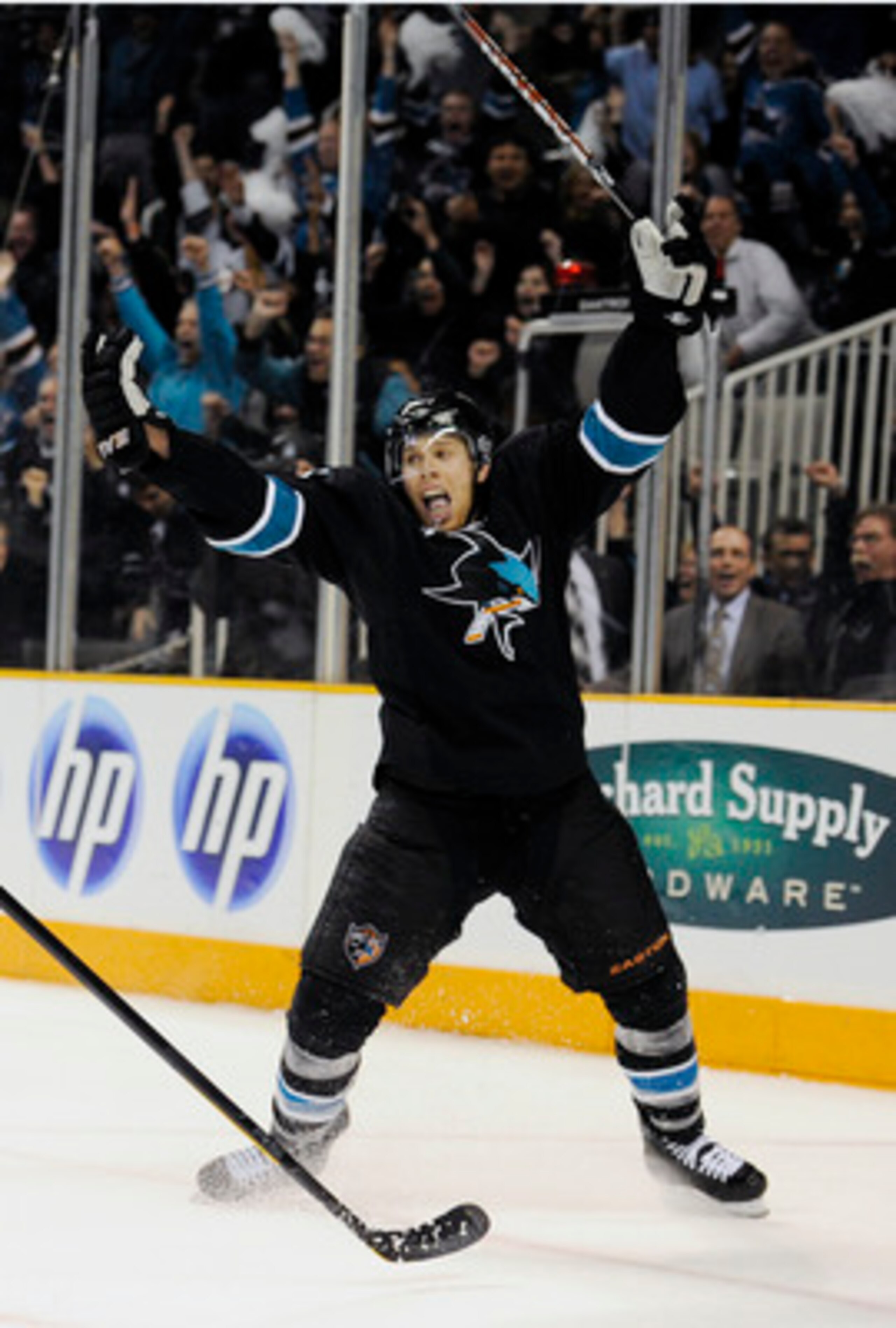 SAN JOSE, CA - APRIL 14: Joe Pavelski #8 of the San Jose Sharks celebrates after scoring the winning goal in overtime against the Los Angeles Kings in Game One of the Western Conference Quarterfinals during the 2011 NHL Stanley Cup Playoffs at the HP Pav SAN JOSE, CA - APRIL 14: Joe Pavelski #8 of the San Jose Sharks celebrates after scoring the winning goal in overtime against the Los Angeles Kings in Game One of the Western Conference Quarterfinals during the 2011 NHL Stanley Cup Playoffs at the HP Pav