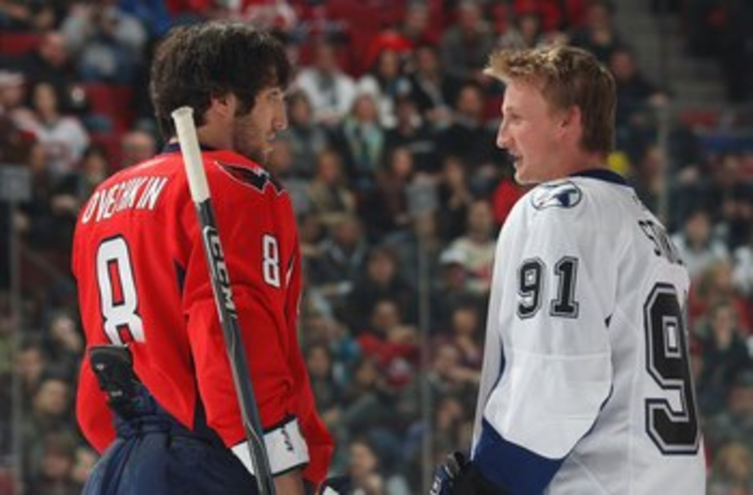 MONTREAL - JANUARY 24:  Alex Ovechkin #8 and Steven Stamkos #91 confer during the Honda NHL Superskills competition as part of the 2009 NHL All-Star weekend on January 24, 2009 at the Bell Centre in Montreal, Canada. (Photo by Bruce Bennett/Getty Images)