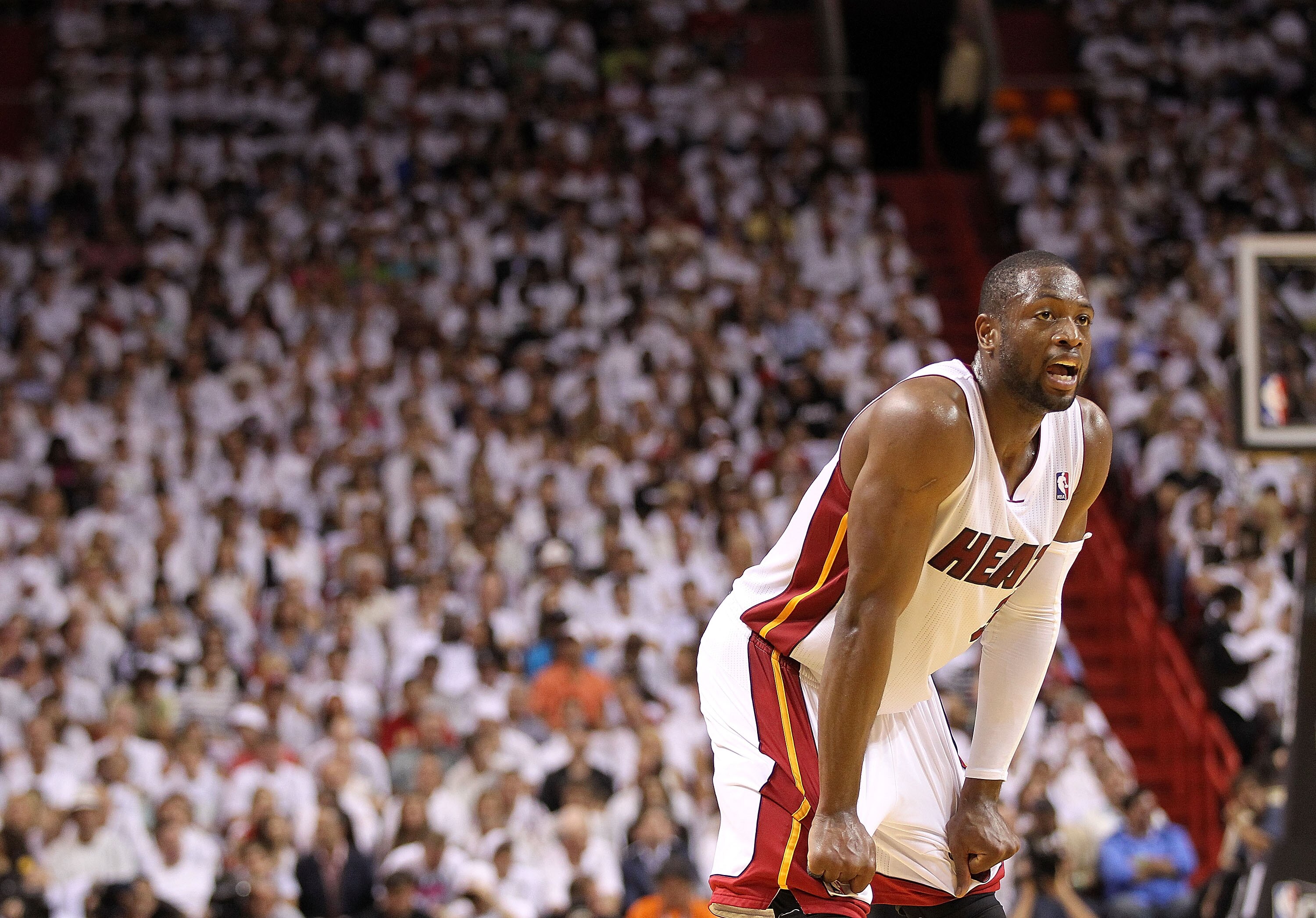MIAMI, FL - APRIL 27:  Dwyane Wade #3 of the Miami Heat looks on during game five of the Eastern Conference Quarterfinals in the 2011 NBA Playoffs against the Philadelphia 76ers at American Airlines Arena on April 27, 2011 in Miami, Florida. NOTE TO USER: