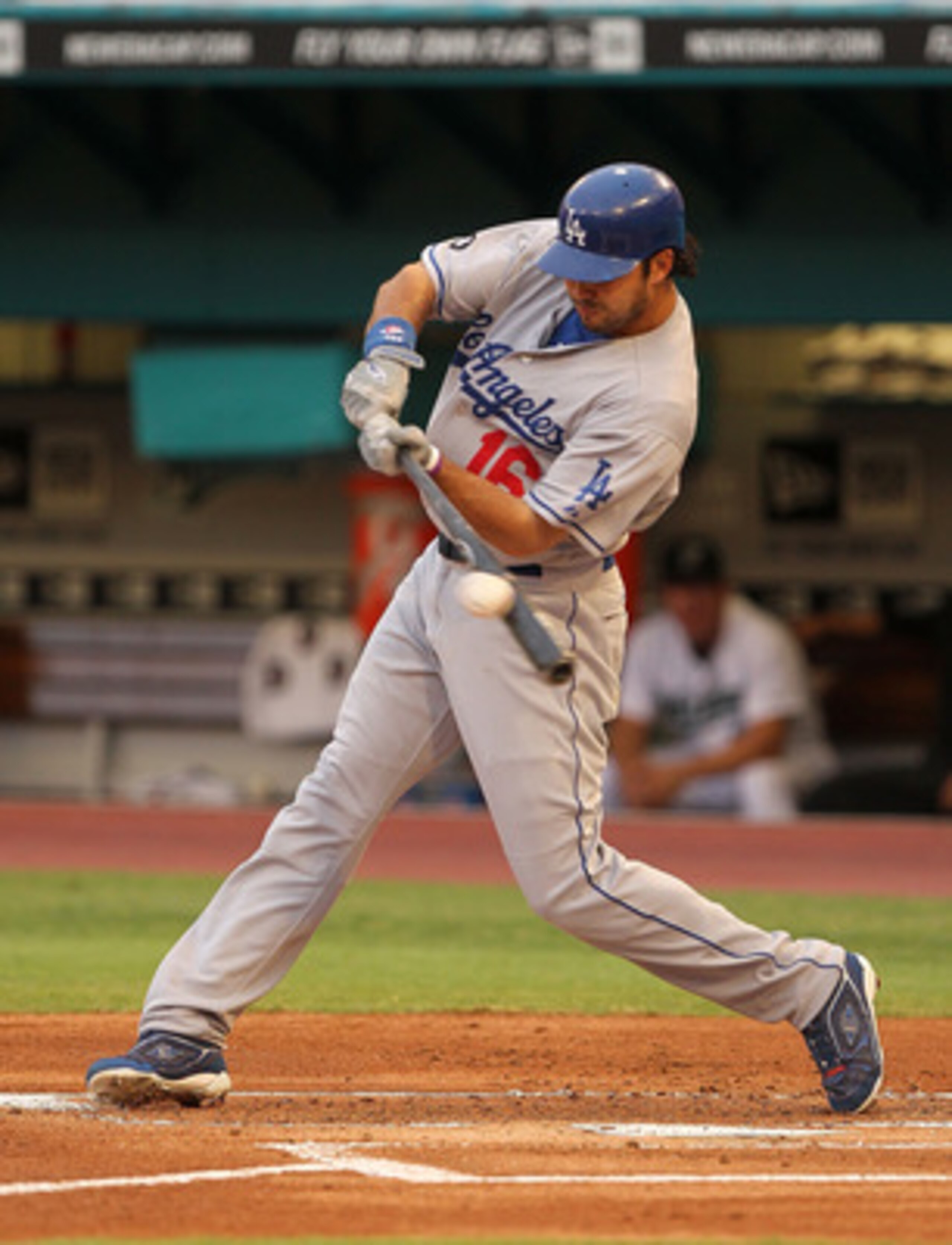 MIAMI GARDENS, FL - APRIL 25:  Andre Ethier #16 of the Los Angeles Dodgers his a single during a game against the Florida Marlins at Sun Life Stadium on April 25, 2011 in Miami Gardens, Florida.  (Photo by Mike Ehrmann/Getty Images)