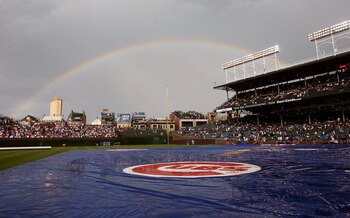 CHICAGO - JUNE 22: A rainbow appears over Wrigley Field following a short rain delay before the Chicago Cubs take on the Chicago White Sox on June 22, 2008 in Chicago, Illinois.  (Photo by Jonathan Daniel/Getty Images)