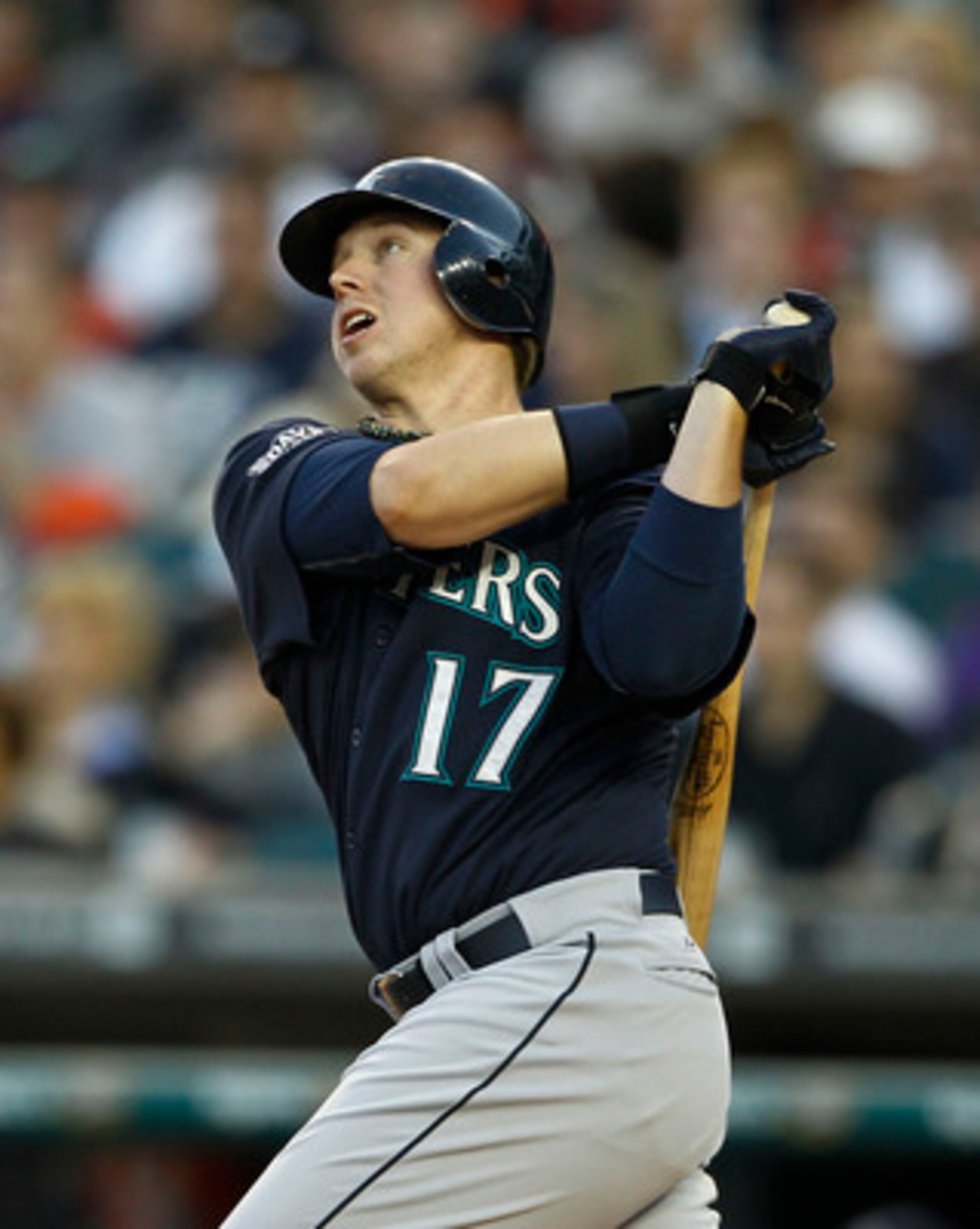 DETROIT - APRIL 26:  Justin Smoak #17 of the Seattle Mariners hits a two-run home run in the fourth inning of the game against the Detroit Tigers at Comerica Park on April 26, 2011 in Detroit, Michigan.  (Photo by Leon Halip/Getty Images)