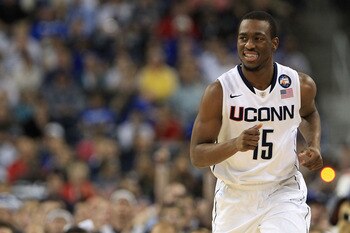 HOUSTON, TX - APRIL 04:  Kemba Walker #15 of the Connecticut Huskies reacts after a play against the Butler Bulldogs during the National Championship Game of the 2011 NCAA Division I Men's Basketball Tournament at Reliant Stadium on April 4, 2011 in Houst
