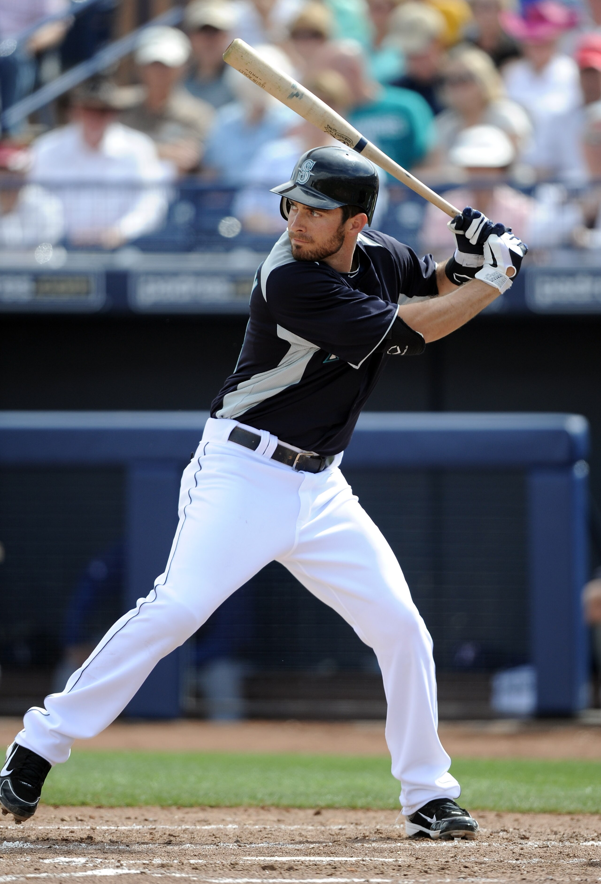 PEORIA, AZ - MARCH 01:  Dustin Ackley #13 of the  Seattle Mariners at bat against the Texas Rangers during spring training at Peoria Stadium on March 1, 2011 in Peoria, Arizona.  (Photo by Harry How/Getty Images)