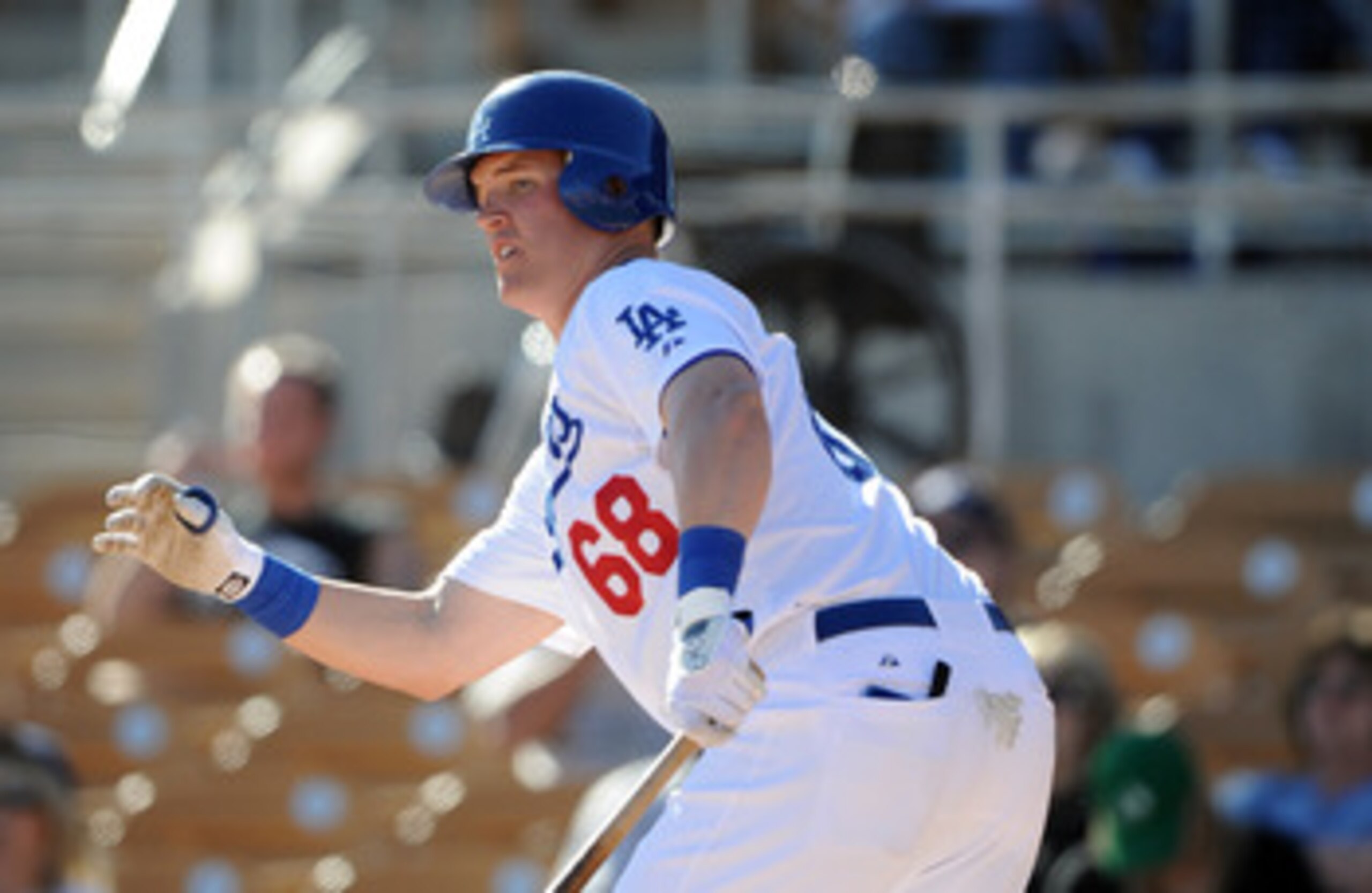 PHOENIX, AZ - FEBRUARY 28:  Jerry Sands #68 of the Los Angeles Dodgers at bat during spring training at Camelback Ranch on February 28, 2011 in Phoenix, Arizona.  (Photo by Harry How/Getty Images)