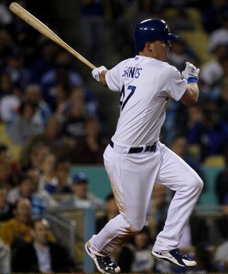 LOS ANGELES, CA - APRIL 19:  Jerry Sands #47 of the Los Angeles Dodgers grounds out but gets an RBI in the seventh inning against the Atlanta Braves on April 19, 2011 at Dodger Stadium in Los Angeles, California.  (Photo by Stephen Dunn/Getty Images)