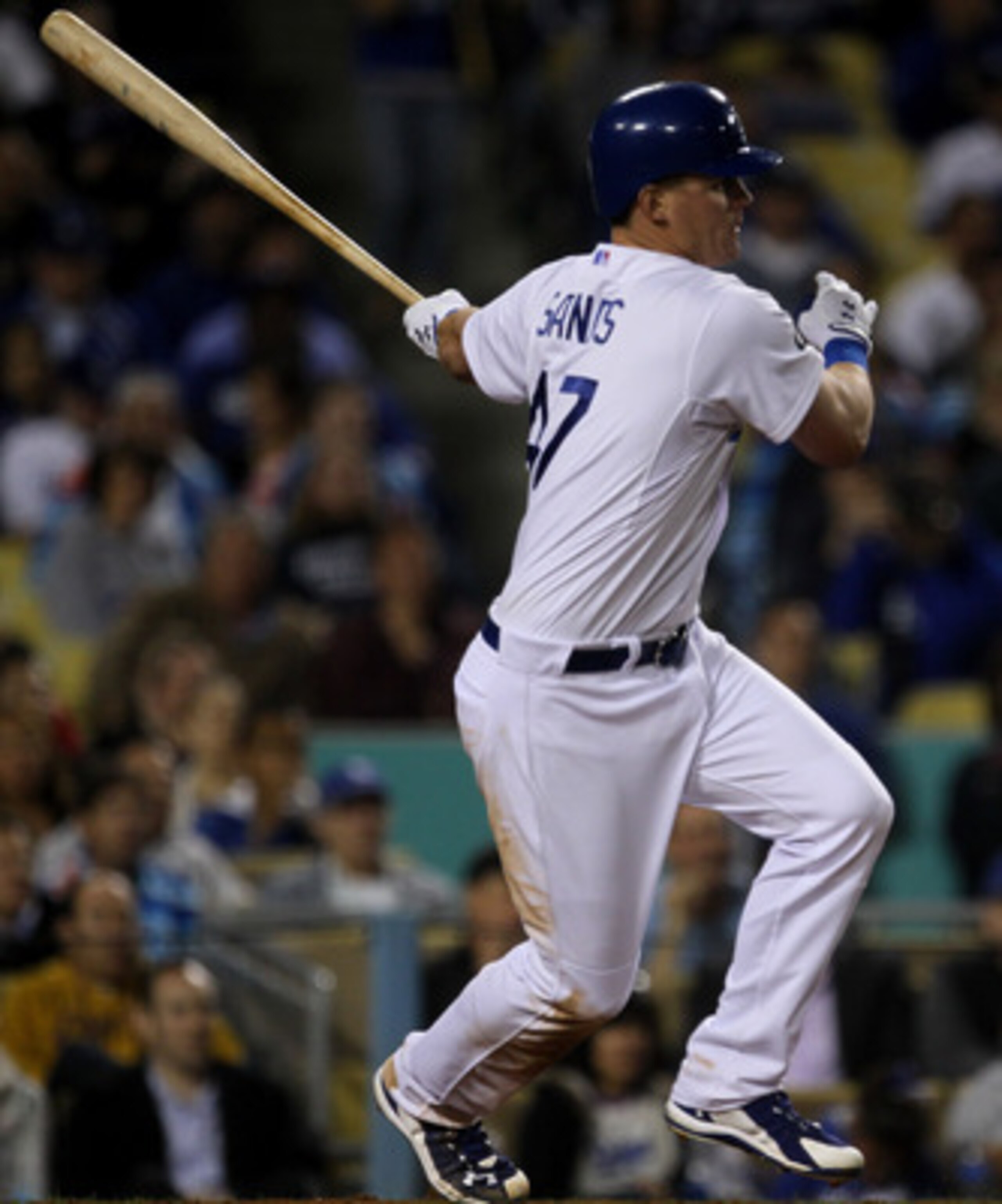 LOS ANGELES, CA - APRIL 19:  Jerry Sands #47 of the Los Angeles Dodgers grounds out but gets an RBI in the seventh inning against the Atlanta Braves on April 19, 2011 at Dodger Stadium in Los Angeles, California.  (Photo by Stephen Dunn/Getty Images)