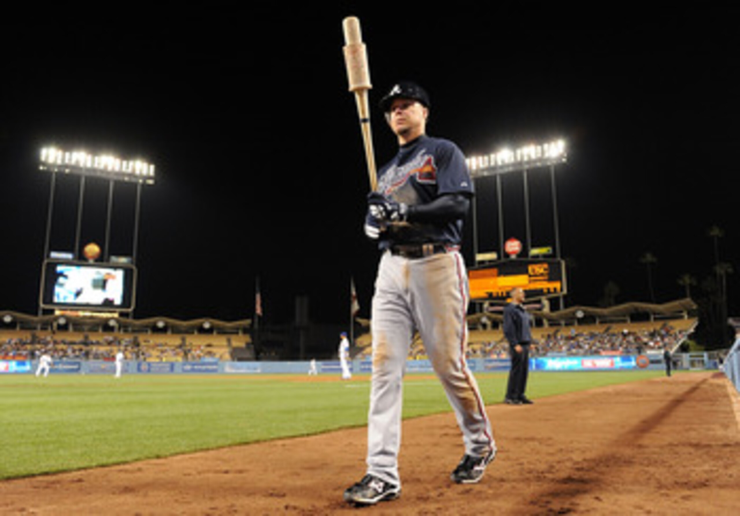 LOS ANGELES, CA - APRIL 20:  Chipper Jones #10 of the Atlanta Braves prepares to bat against the Los Angeles Dodgers at Dodger Stadium on April 20, 2011 in Los Angeles, California.  (Photo by Lisa Blumenfeld/Getty Images)
