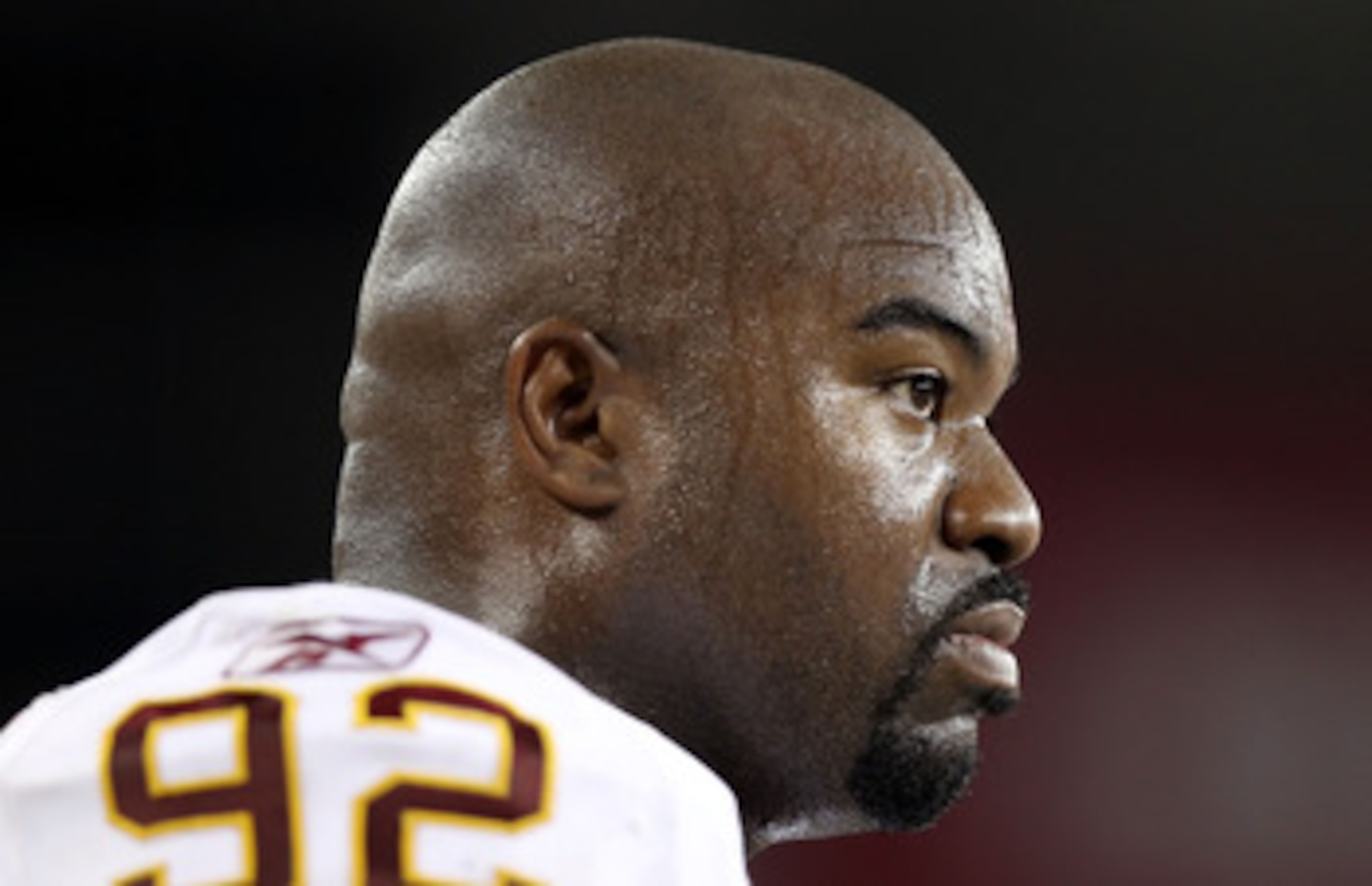 GLENDALE, AZ - SEPTEMBER 02: Defensive tackle Albert Haynesworth #92 of the Washington Redskins stands on the sidelines during preseason NFL game against the Arizona Cardinals at the University of Phoenix Stadium on September 2, 2010 in Glendale, Arizona GLENDALE, AZ - SEPTEMBER 02: Defensive tackle Albert Haynesworth #92 of the Washington Redskins stands on the sidelines during preseason NFL game against the Arizona Cardinals at the University of Phoenix Stadium on September 2, 2010 in Glendale, Arizona