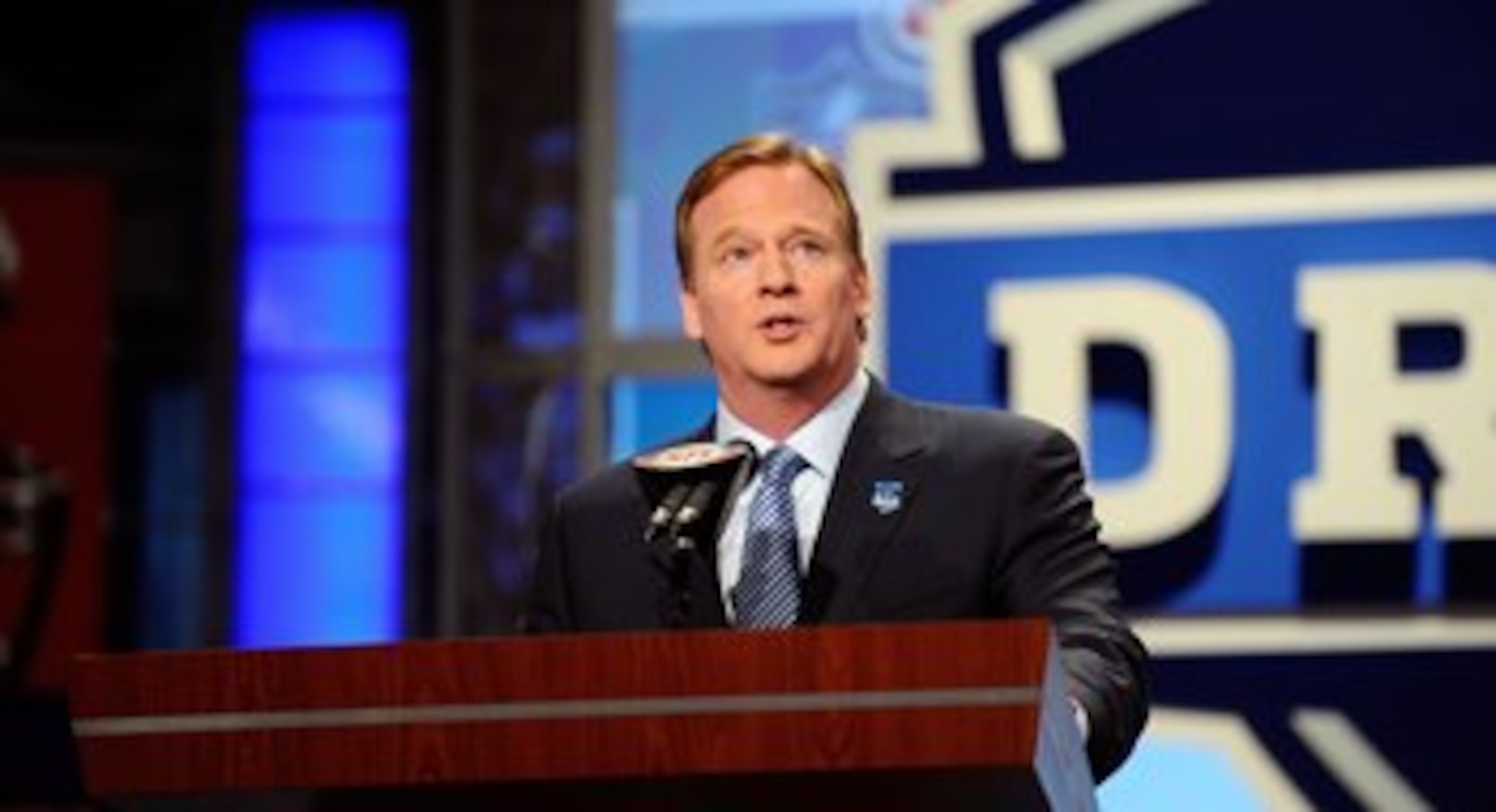 NEW YORK - APRIL 22:  NFL Commissioner Roer Goodell speaks at the podium during the first round of the 2010 NFL Draft at Radio City Music Hall on April 22, 2010 in New York City.  (Photo by Jeff Zelevansky/Getty Images)