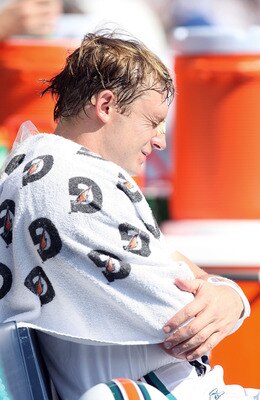 SAN DIEGO, CA - SEPTEMBER 27:  Quarterback Chad Pennington #10 of the Miami Dolphins sits on the bench after a shoulder injury against the San Diego Chargers at Qualcomm Stadium on September 27, 2009 in San Diego, California. Pennington did not return to 