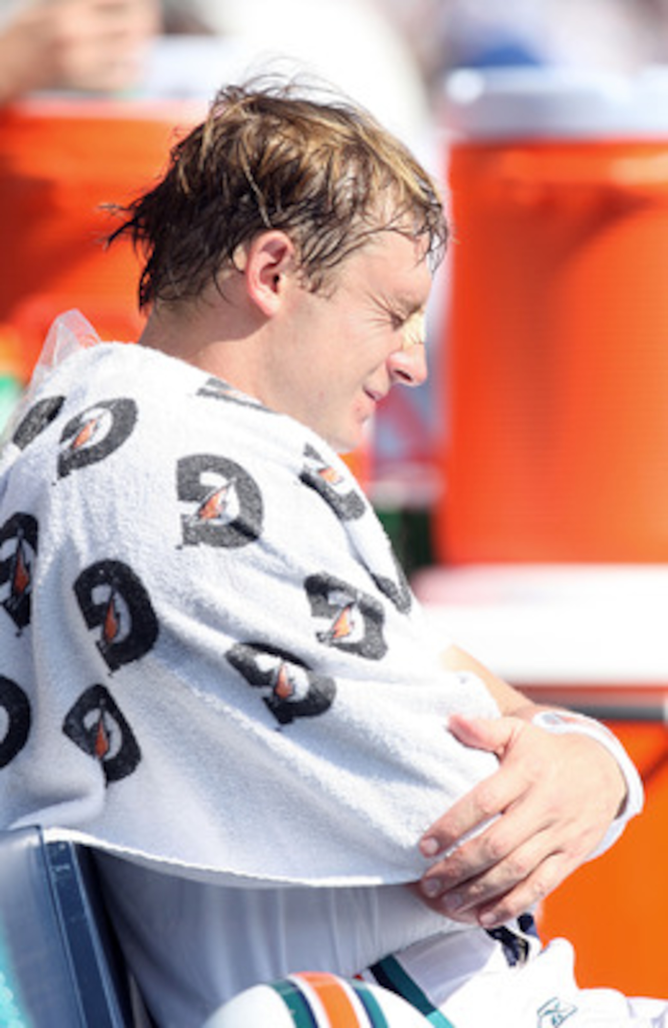 SAN DIEGO, CA - SEPTEMBER 27: Quarterback Chad Pennington #10 of the Miami Dolphins sits on the bench after a shoulder injury against the San Diego Chargers at Qualcomm Stadium on September 27, 2009 in San Diego, California. Pennington did not return to SAN DIEGO, CA - SEPTEMBER 27: Quarterback Chad Pennington #10 of the Miami Dolphins sits on the bench after a shoulder injury against the San Diego Chargers at Qualcomm Stadium on September 27, 2009 in San Diego, California. Pennington did not return to