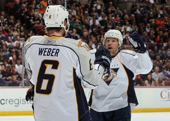 ANAHEIM, CA - APRIL 15:  Mike Fisher #12 of the Nashville Predators celebrates a goal by Shea Weber #6 against the Anaheim Ducks in the second period of Game Two of the Western Conference Quarterfinals during the 2011 NHL Stanley Cup Playoffs at Honda Cen