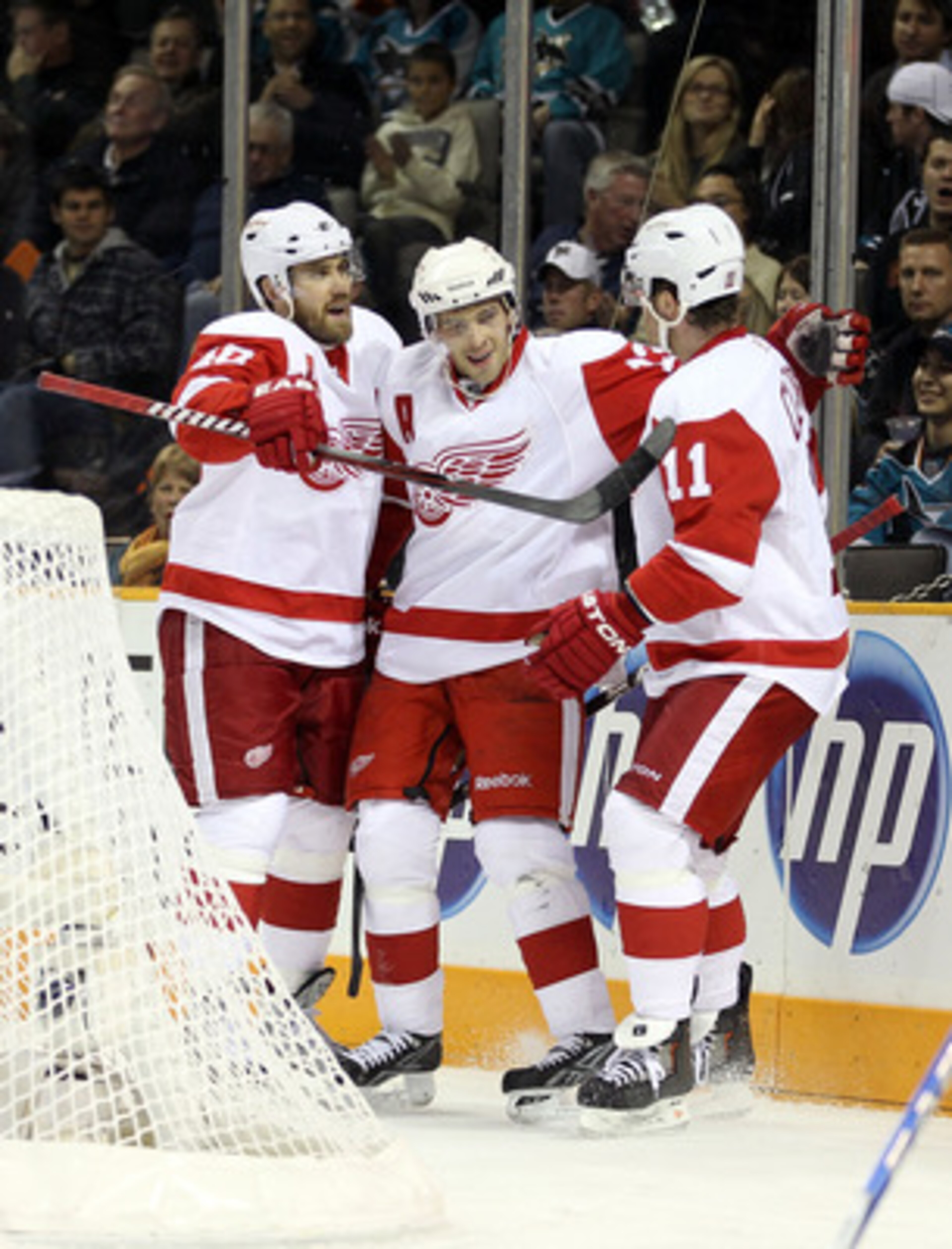 SAN JOSE, CA - NOVEMBER 30: Pavel Datsyuk #13 of the Detroit Red Wings is congratulated by Henrik Zetterberg #40 and Daniel Cleary #11 after he scored a goal on Antero Niittymaki #30 of the San Jose Sharks at HP Pavilion on November 30, 2010 in San Jose, SAN JOSE, CA - NOVEMBER 30: Pavel Datsyuk #13 of the Detroit Red Wings is congratulated by Henrik Zetterberg #40 and Daniel Cleary #11 after he scored a goal on Antero Niittymaki #30 of the San Jose Sharks at HP Pavilion on November 30, 2010 in San Jose,