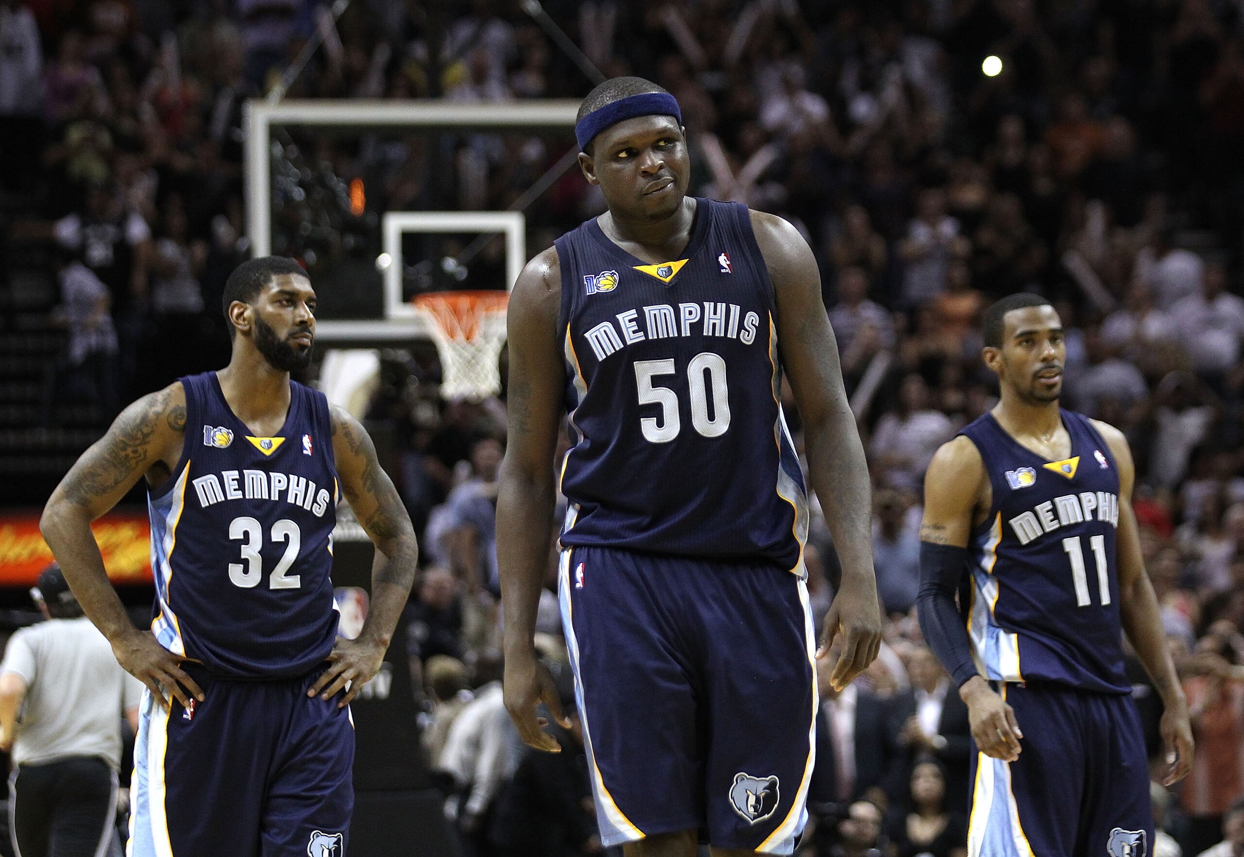 SAN ANTONIO, TX - APRIL 27:  Zach Randolph #50 of the Memphis Grizzlies looks on near the end of overtime against the San Antionio Spurs in Game Five of the Western Conference Quarterfinals in the 2011 NBA Playoffs on April 27, 2011 at AT&T Center in San