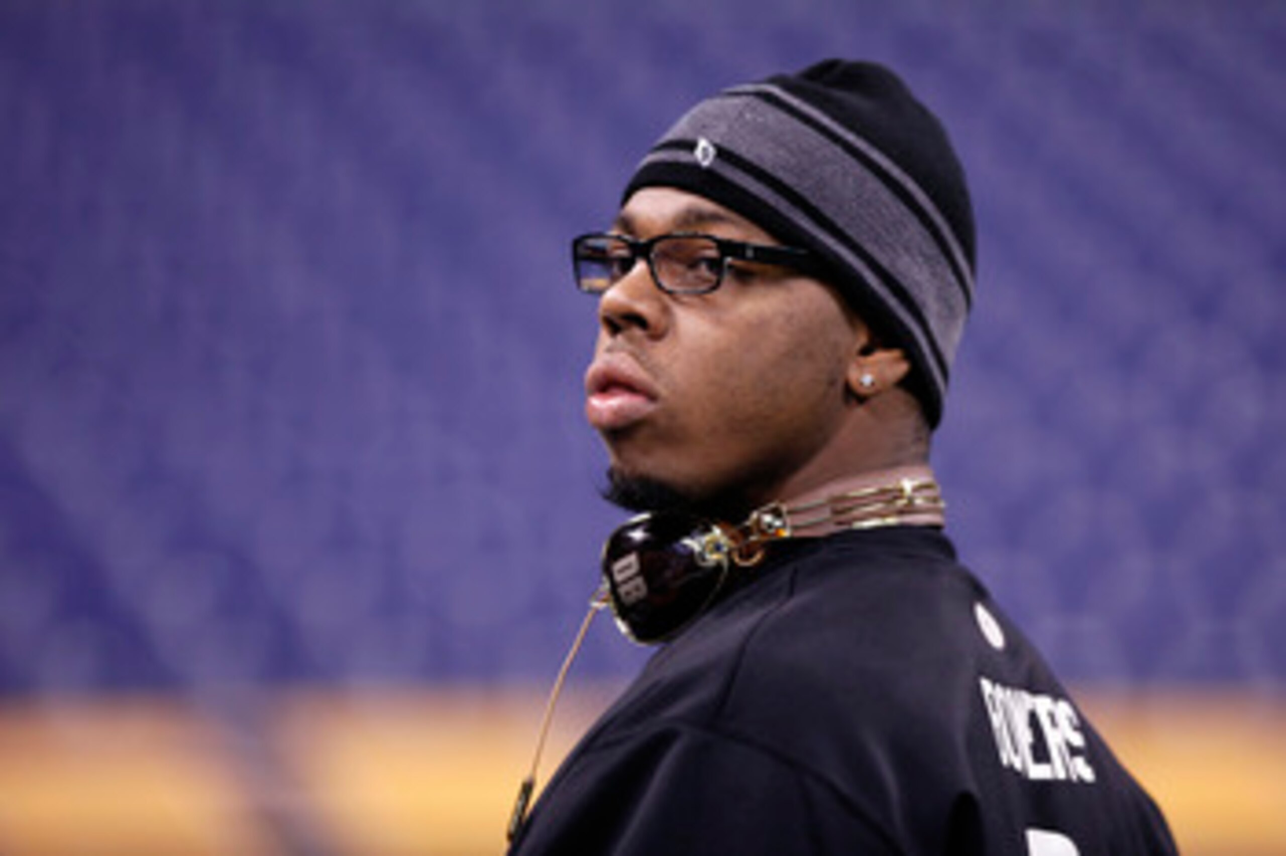 INDIANAPOLIS, IN - FEBRUARY 28: Defensive lineman Da'Quan Bowers of Clemson looks on during the 2011 NFL Scouting Combine at Lucas Oil Stadium on February 28, 2011 in Indianapolis, Indiana. (Photo by Joe Robbins/Getty Images)