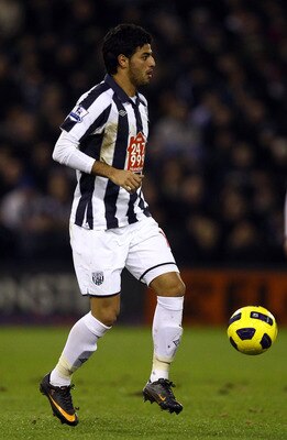 WEST BROMWICH, ENGLAND - FEBRUARY 01:  Carlos Vela of West Brom in action during the Barclays Premier League match between West Bromwich Albion and Wigan Athletic at The Hawthorns on February 1, 2011 in West Bromwich, England.  (Photo by Richard Heathcote