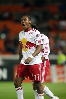 WASHINGTON, DC - APRIL 21: Juan Agudelo #17 of the New York Red Bulls celebrates after a goal against D.C. United at RFK Stadium on April 21, 2011 in Washington, DC. (Photo by Ned Dishman/Getty Images)