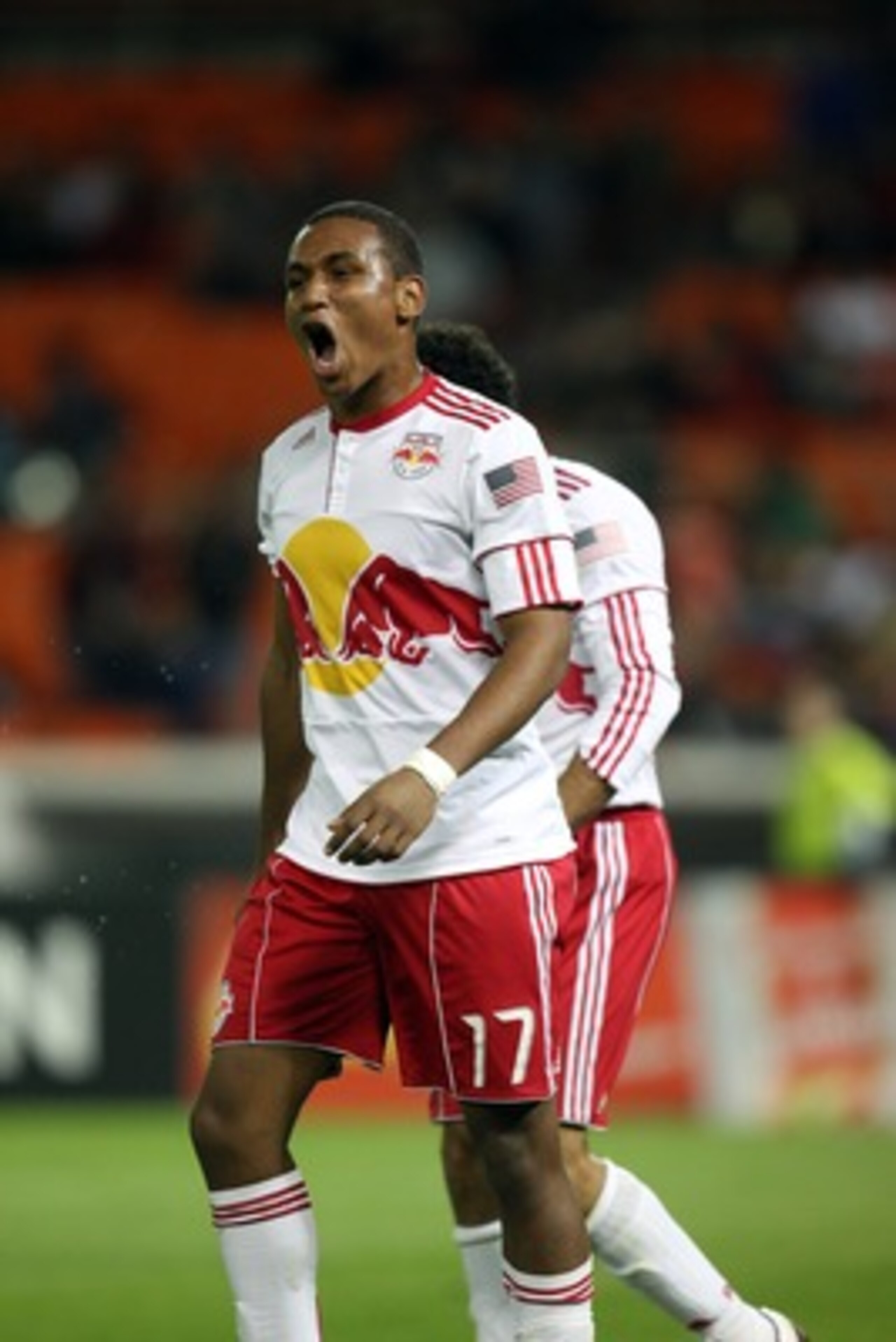 WASHINGTON, DC - APRIL 21: Juan Agudelo #17 of the New York Red Bulls celebrates after a goal against D.C. United at RFK Stadium on April 21, 2011 in Washington, DC. (Photo by Ned Dishman/Getty Images)