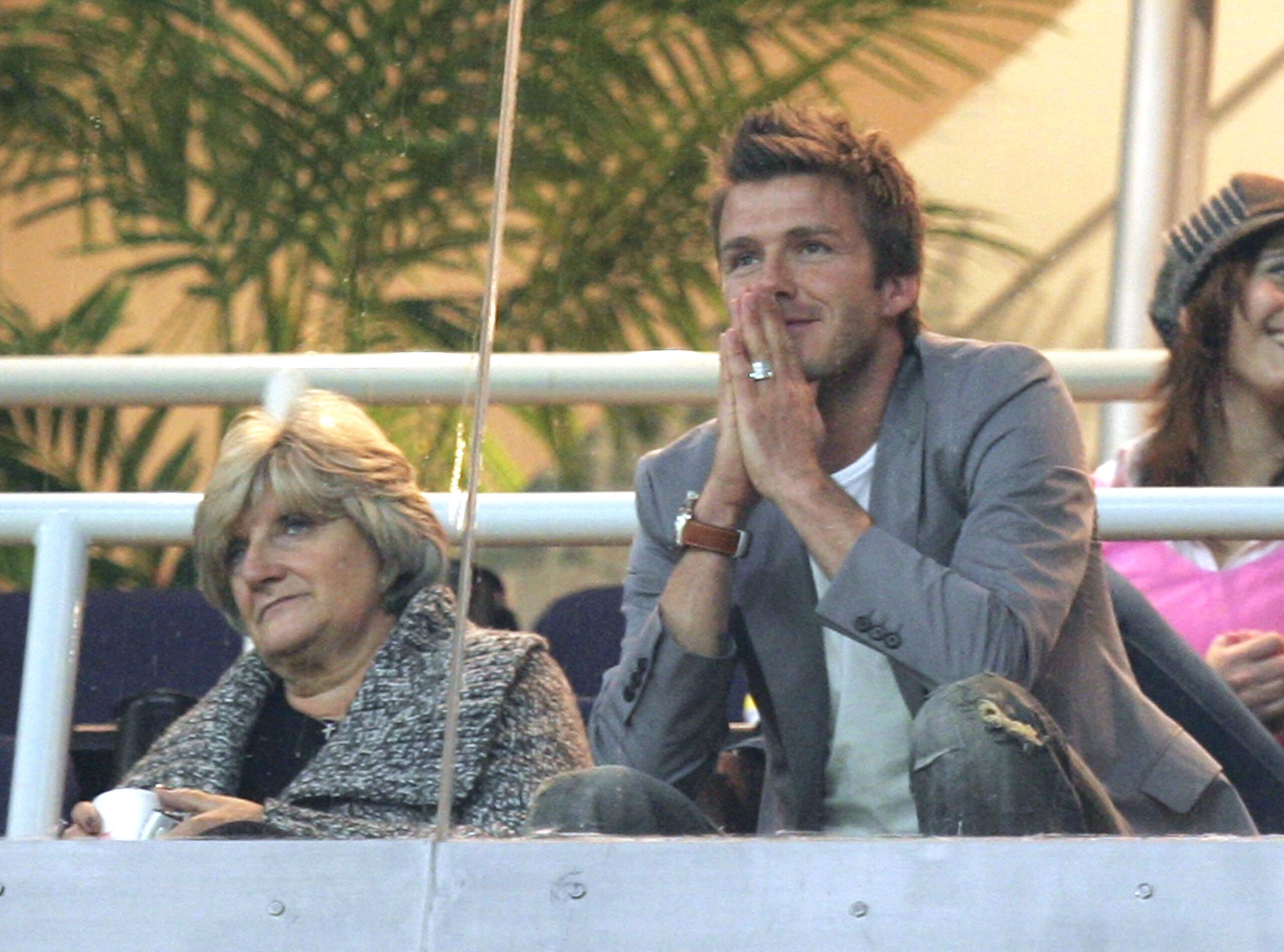 MADRID, SPAIN - JANUARY 14: David Beckham of Real Madrid and his mother Sandra Beckham watch the La Liga match between Real Madrid and Real Zaragoza at the Santiago Bernabeu Stadium on January 14, 2007 in Madrid, Spain.  (Photo by Denis Doyle/Getty Images