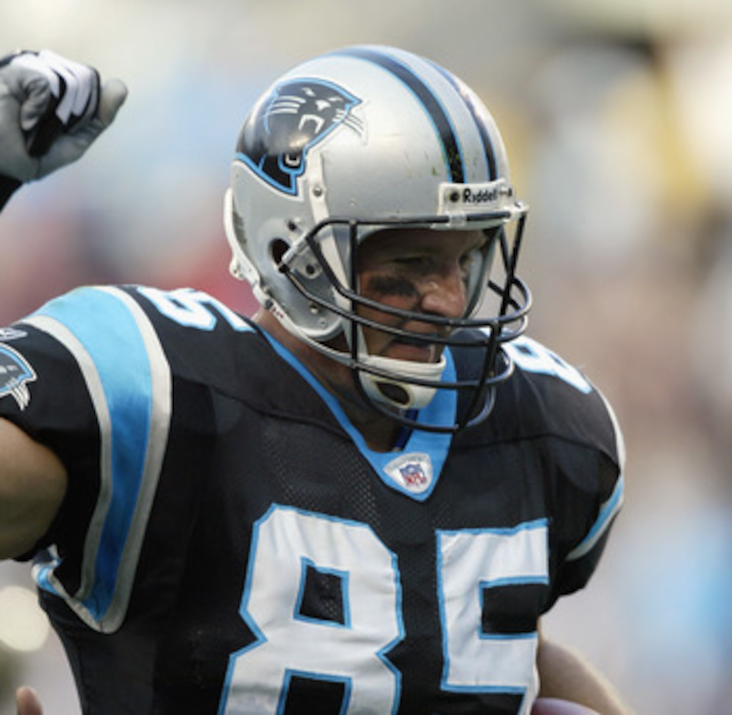 CHARLOTTE, NC - NOVEMBER 10:  Tight End Wesley Walls #85 of the Carolina Panthers celebrates during the NFL game against the New Orleans Saints at Ericsson Stadium on November 10, 2002 in Charlotte, North Carolina. The Saints defeated the Panthers 34-24.