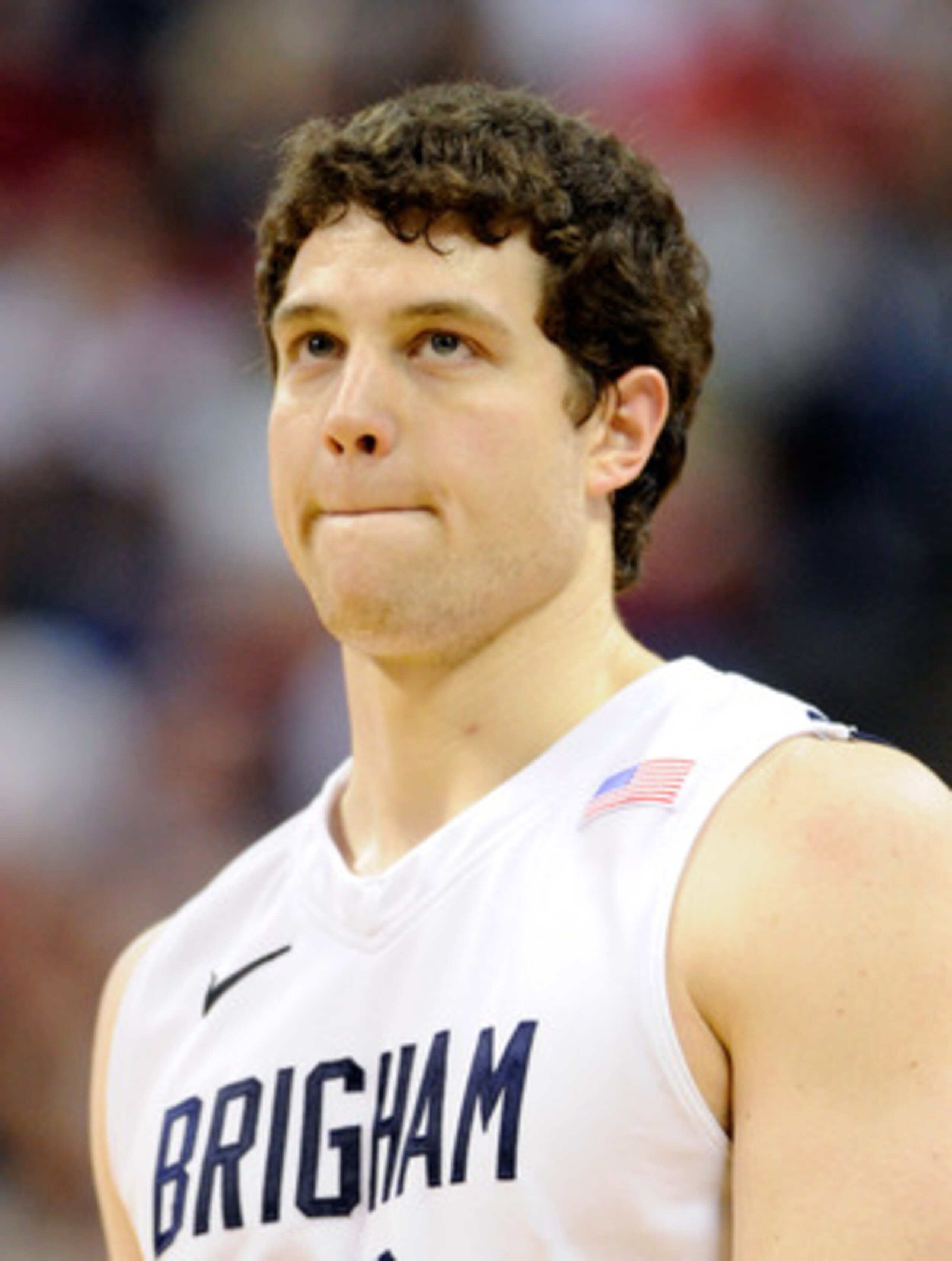 LAS VEGAS, NV - MARCH 12: Jimmer Fredette #32 of the Brigham Young University Cougars reacts during BYU's 72-54 loss to the San Diego State Aztecs in the championship game of the Conoco Mountain West Conference Basketball tournament at the Thomas & Mack LAS VEGAS, NV - MARCH 12: Jimmer Fredette #32 of the Brigham Young University Cougars reacts during BYU's 72-54 loss to the San Diego State Aztecs in the championship game of the Conoco Mountain West Conference Basketball tournament at the Thomas & Mack