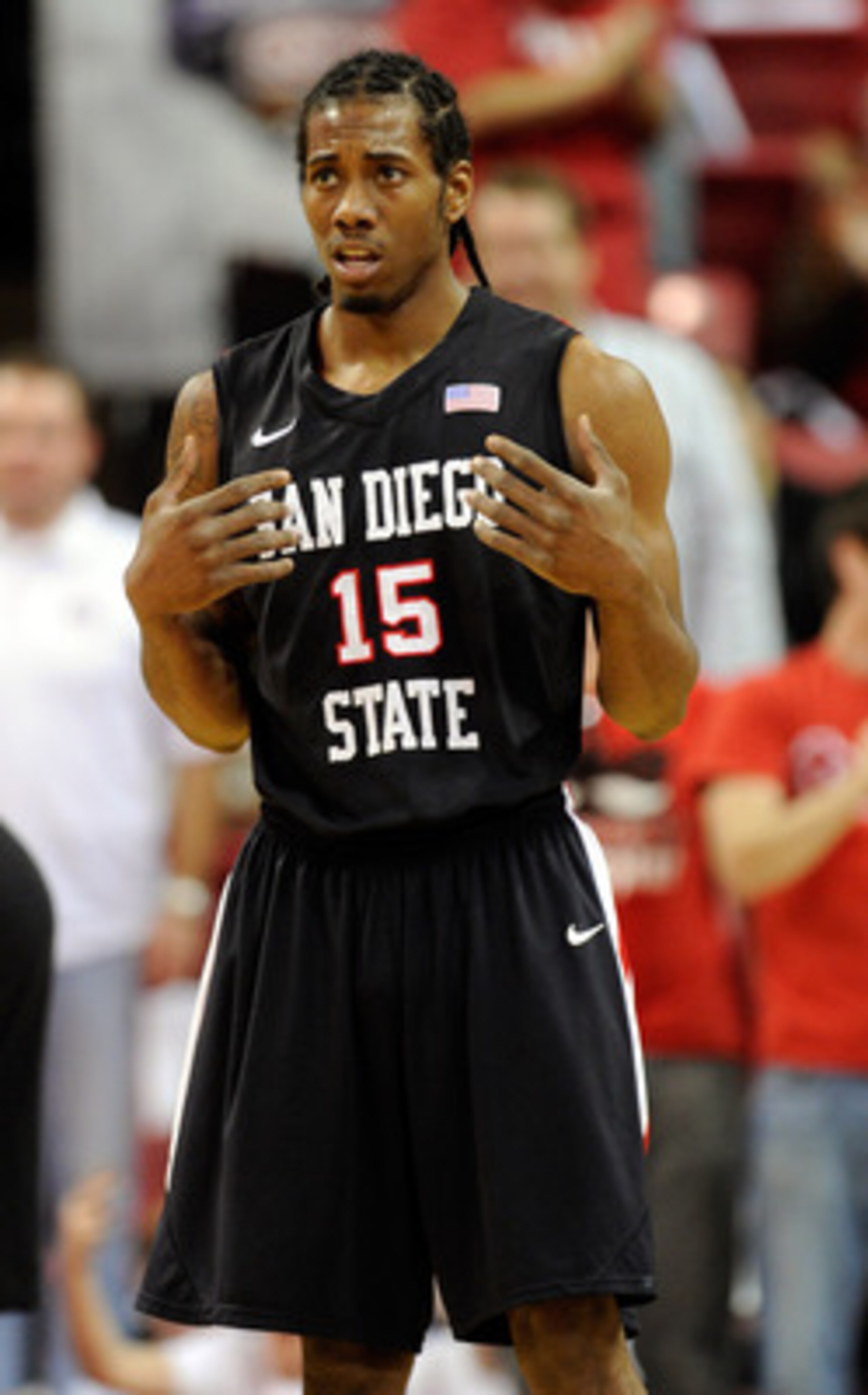 LAS VEGAS, NV - FEBRUARY 12: Kawhi Leonard #15 of the San Diego State Aztecs reacts after mistakenly being called for a foul during a game against the UNLV Rebels at the Thomas & Mack Center February 12, 2011 in Las Vegas, Nevada. San Diego State won 63- LAS VEGAS, NV - FEBRUARY 12: Kawhi Leonard #15 of the San Diego State Aztecs reacts after mistakenly being called for a foul during a game against the UNLV Rebels at the Thomas & Mack Center February 12, 2011 in Las Vegas, Nevada. San Diego State won 63-
