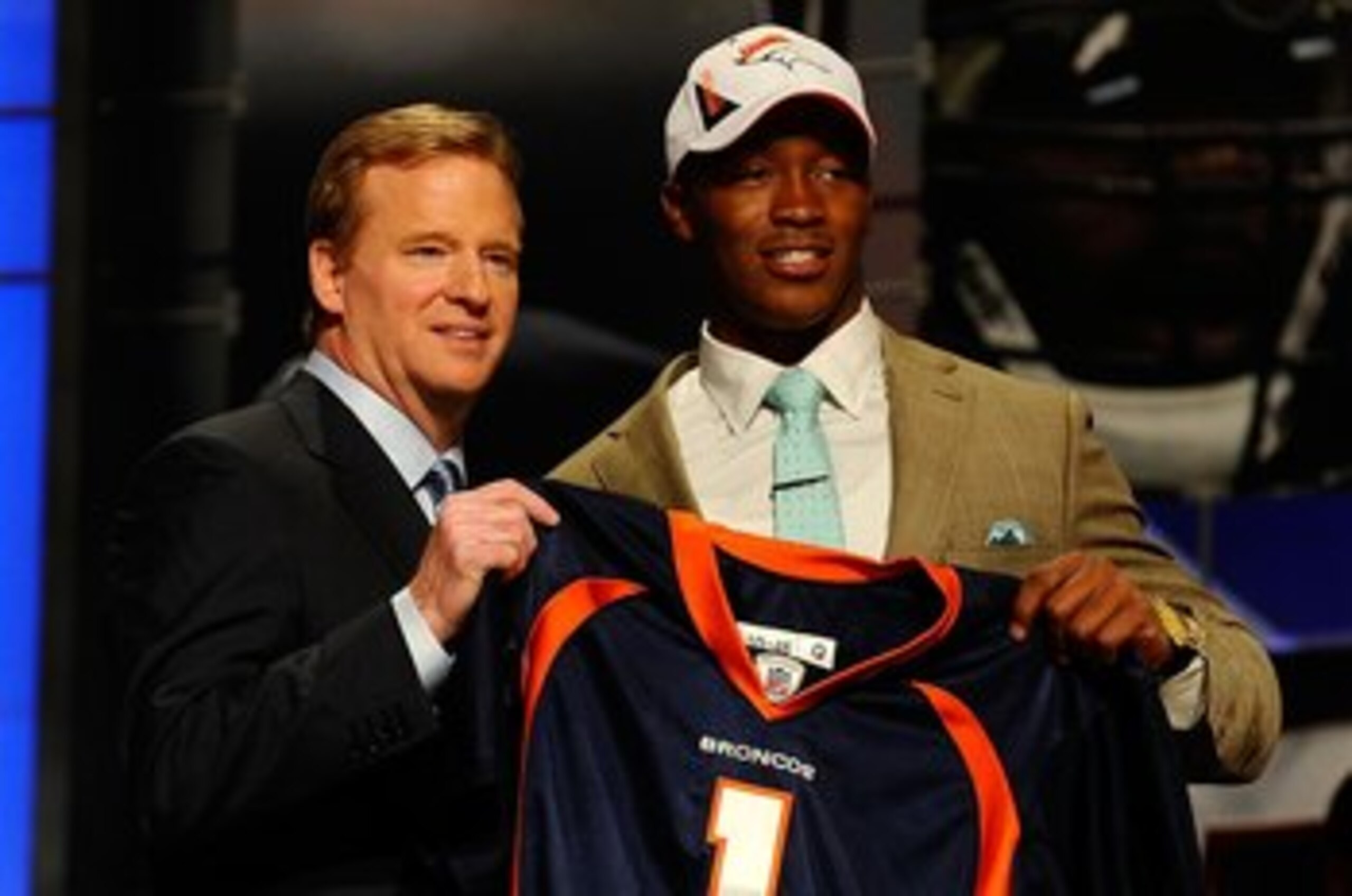 NEW YORK - APRIL 22: Demaryius Thomas (R) from the Georgia Tech Yellow Jackets poses with NFL Commissioner Roger Goodell as they hold up a Denver Broncos jersey after Thomas was drafted by the Broncos number 22 overall during the the first round of the 2 NEW YORK - APRIL 22: Demaryius Thomas (R) from the Georgia Tech Yellow Jackets poses with NFL Commissioner Roger Goodell as they hold up a Denver Broncos jersey after Thomas was drafted by the Broncos number 22 overall during the the first round of the 2
