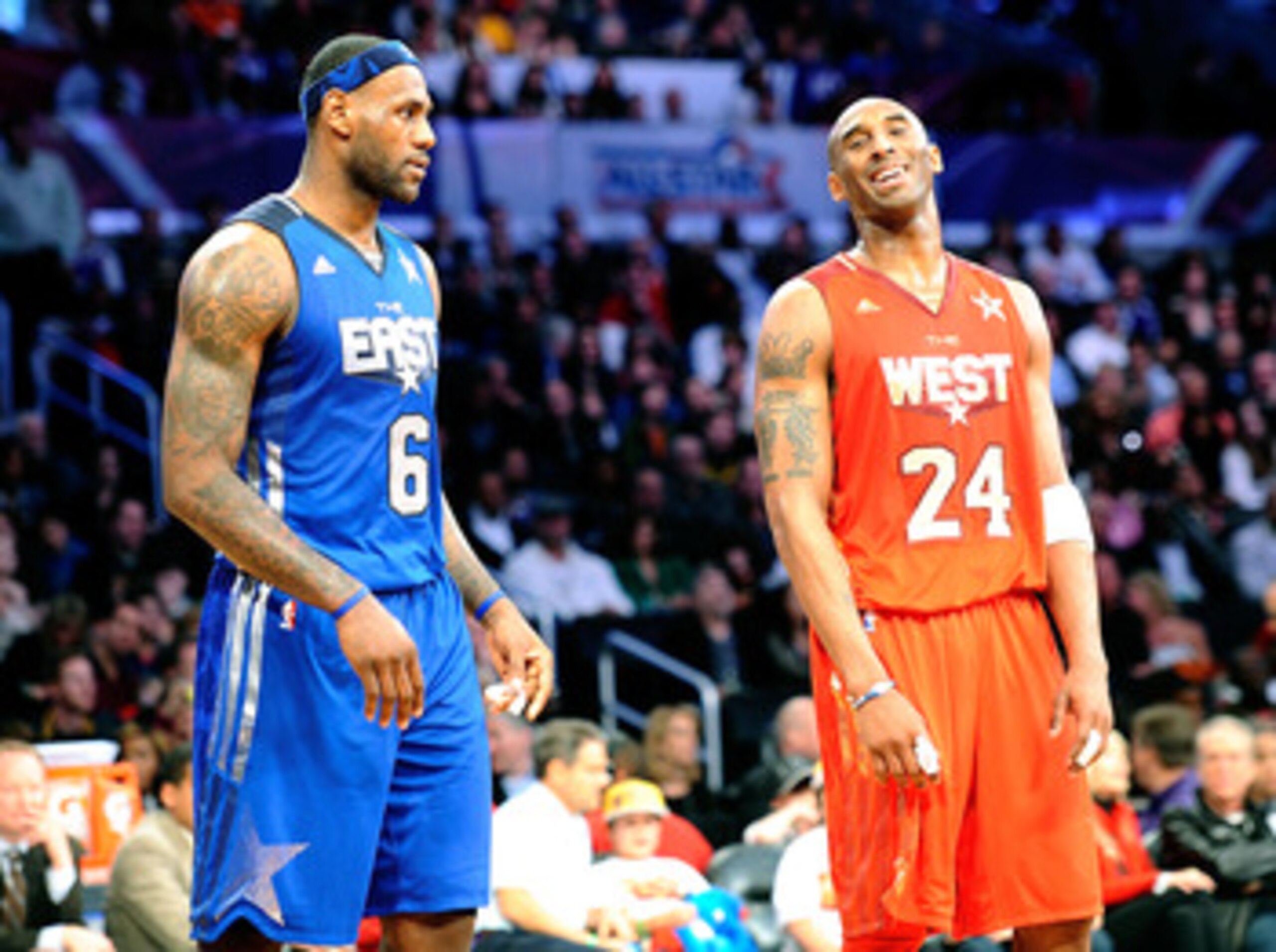 LOS ANGELES, CA - FEBRUARY 20:  LeBron James #6 of the Miami Heat and the Eastern Conference stands with Kobe Bryant #24 of the Los Angeles Lakers and the Western Conference in the 2011 NBA All-Star Game at Staples Center on February 20, 2011 in Los Angel