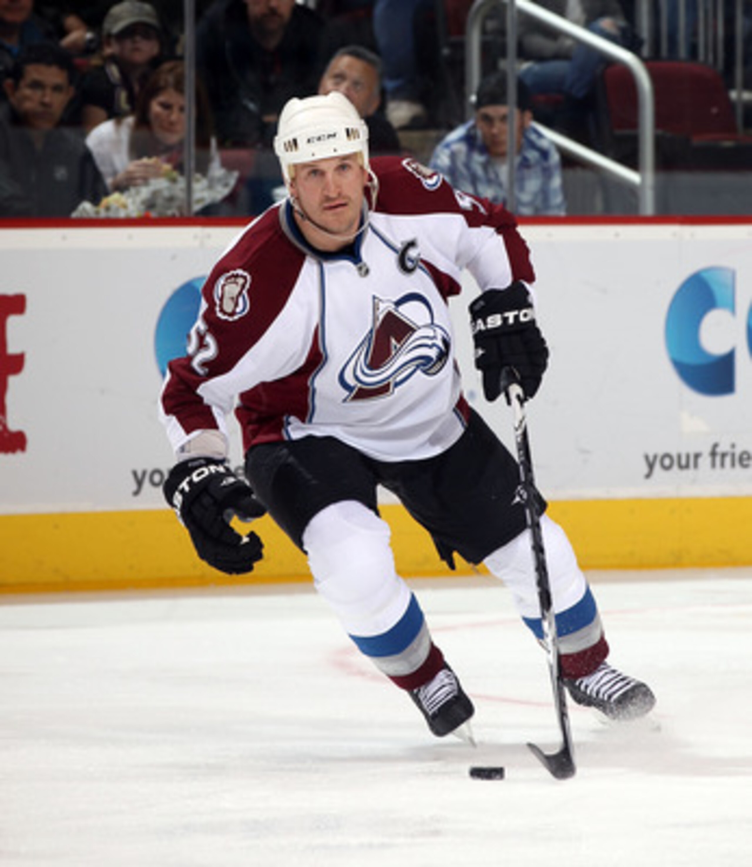GLENDALE, AZ - FEBRUARY 07: Adam Foote #52 of the Colorado Avalanche skates against the Phoenix Coyotes at the Jobing.com Arena on February 7, 2011 in Glendale, Arizona.  (Photo by Bruce Bennett/Getty Images)