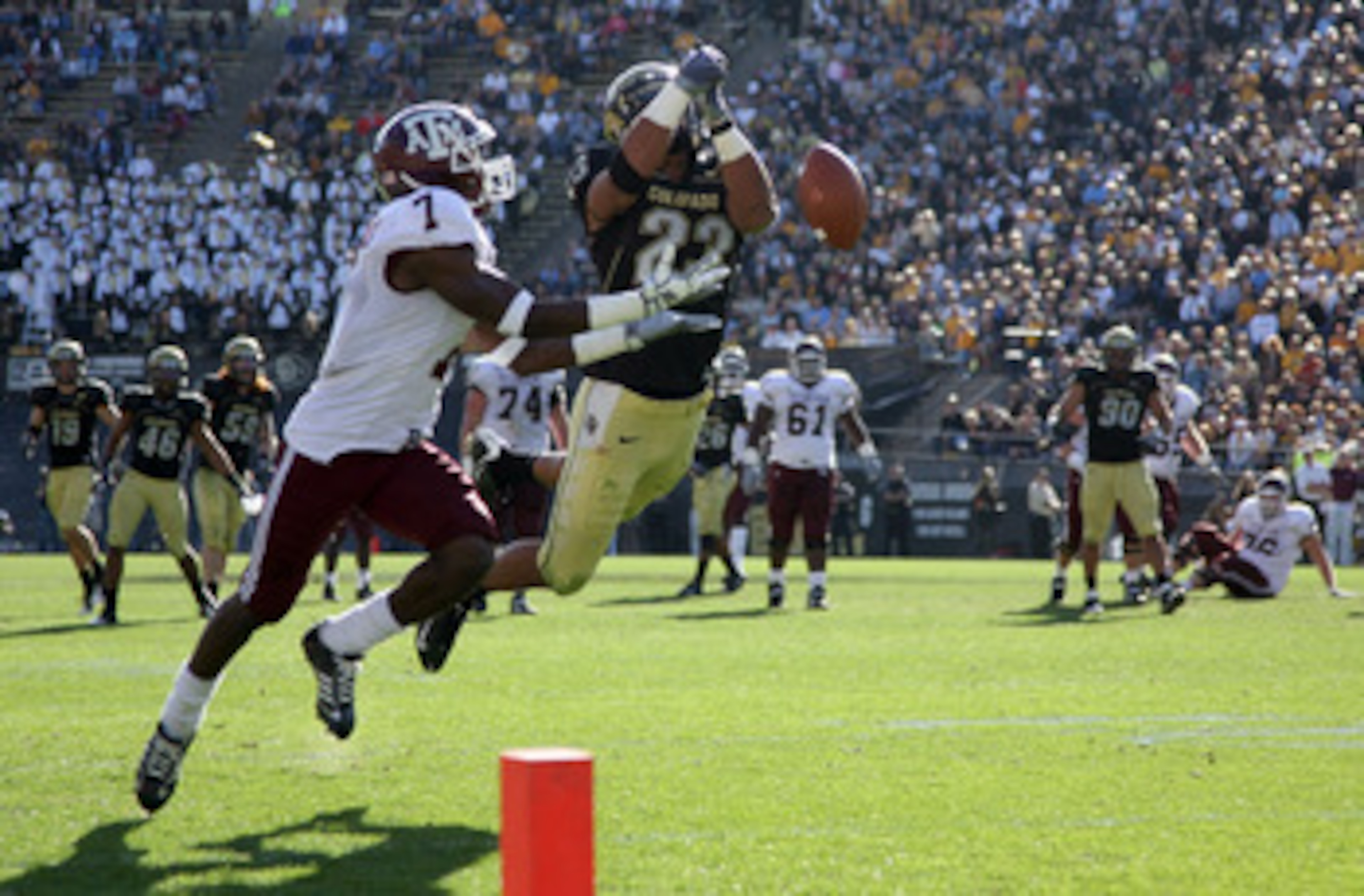 BOULDER, CO - NOVEMBER 07: Jalil Brown #23 of the Colorado Buffaloes breaks up a third down pass intended for Uzoma Nwachukwu #7 of the Texas A&M Aggies forcing a Texas A&M 47 yard fourth quarter field goal during NCAA college football action at Folsom F BOULDER, CO - NOVEMBER 07: Jalil Brown #23 of the Colorado Buffaloes breaks up a third down pass intended for Uzoma Nwachukwu #7 of the Texas A&M Aggies forcing a Texas A&M 47 yard fourth quarter field goal during NCAA college football action at Folsom F