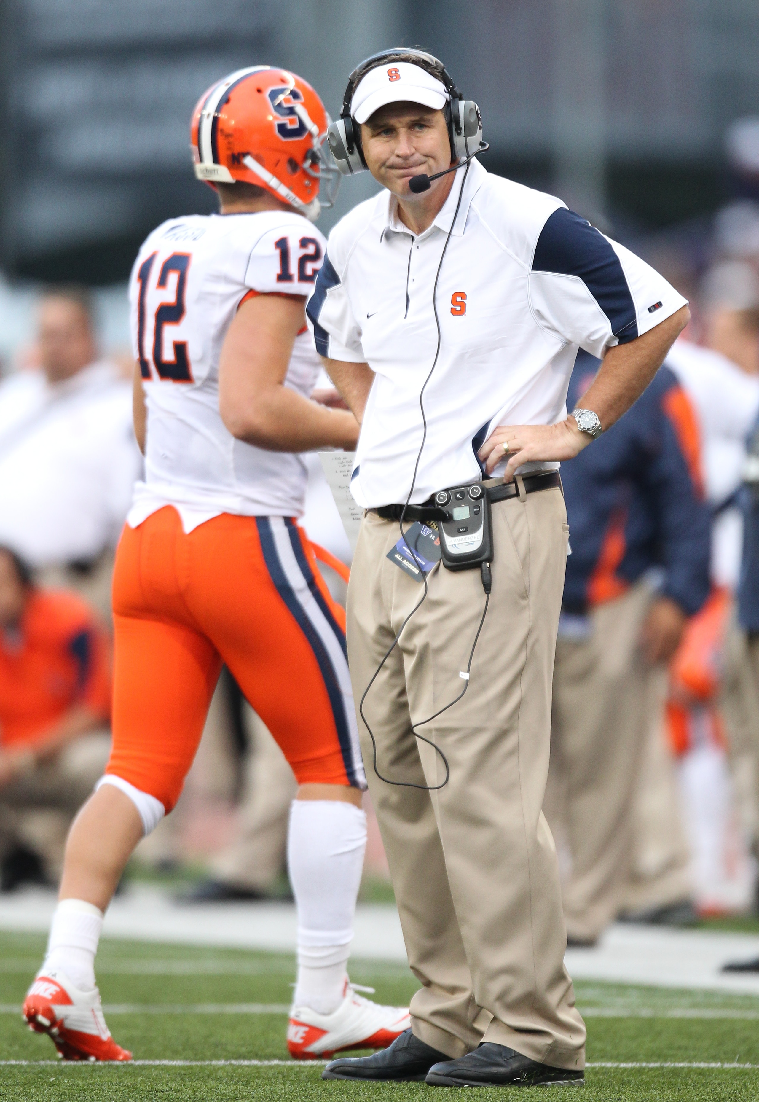 SEATTLE - SEPTEMBER 11: Head coach Doug Marrone of the Syracuse Orange looks on as quarterback Ryan Nassib #12 comes off the field during the game against the Washington Huskies on September 11, 2010 at Husky Stadium in Seattle, Washington. (Photo by Ott SEATTLE - SEPTEMBER 11: Head coach Doug Marrone of the Syracuse Orange looks on as quarterback Ryan Nassib #12 comes off the field during the game against the Washington Huskies on September 11, 2010 at Husky Stadium in Seattle, Washington. (Photo by Ott