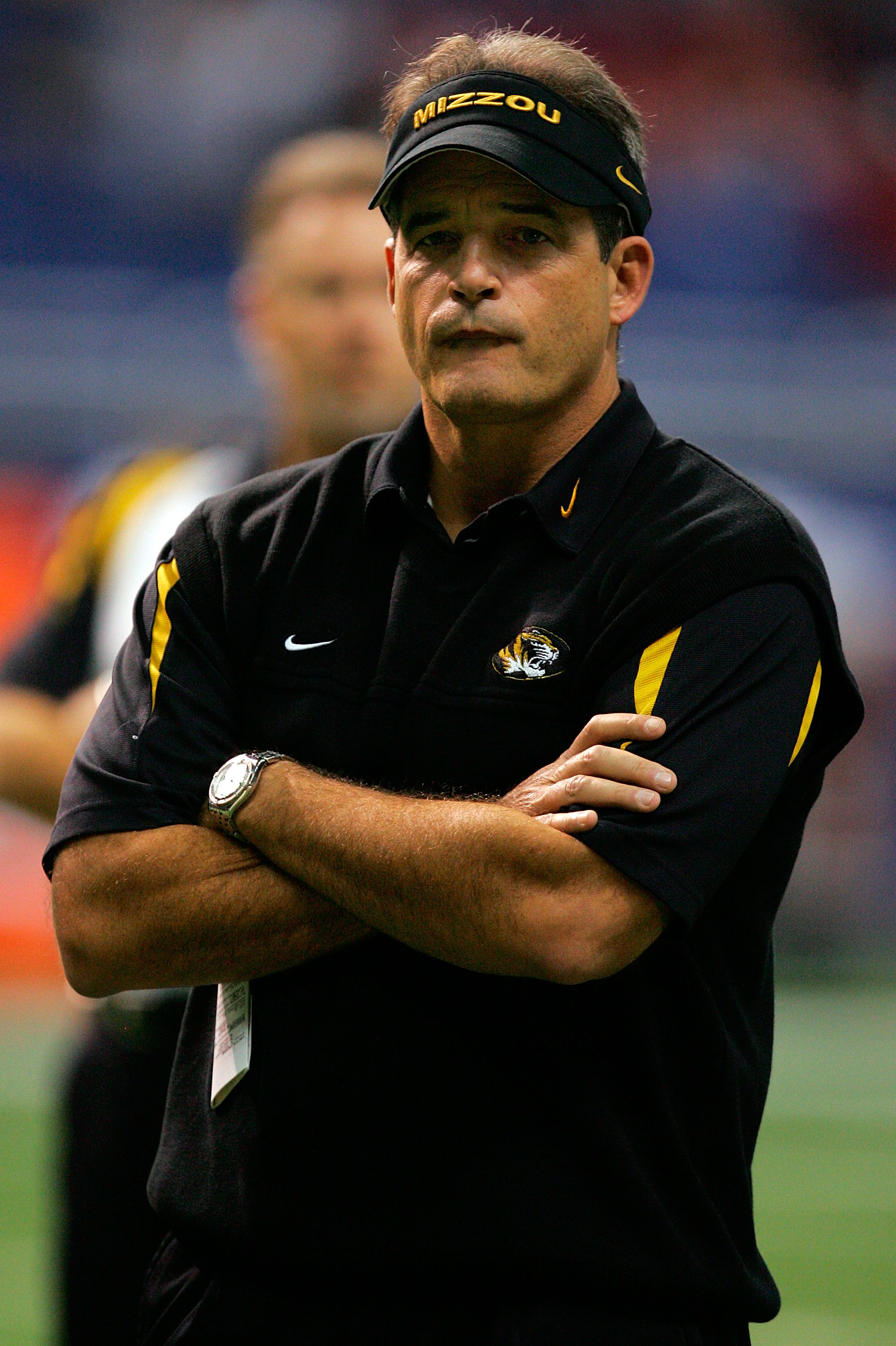 SAN ANTONIO - DECEMBER 1:  Head coach Gary Pinkel of the Missouri Tigers looks on before a game with the Oklahoma Sooners during the Big 12 Championship at the Alamodome December 1, 2007 in San Antonio, Texas.  (Photo by Ronald Martinez/Getty Images)